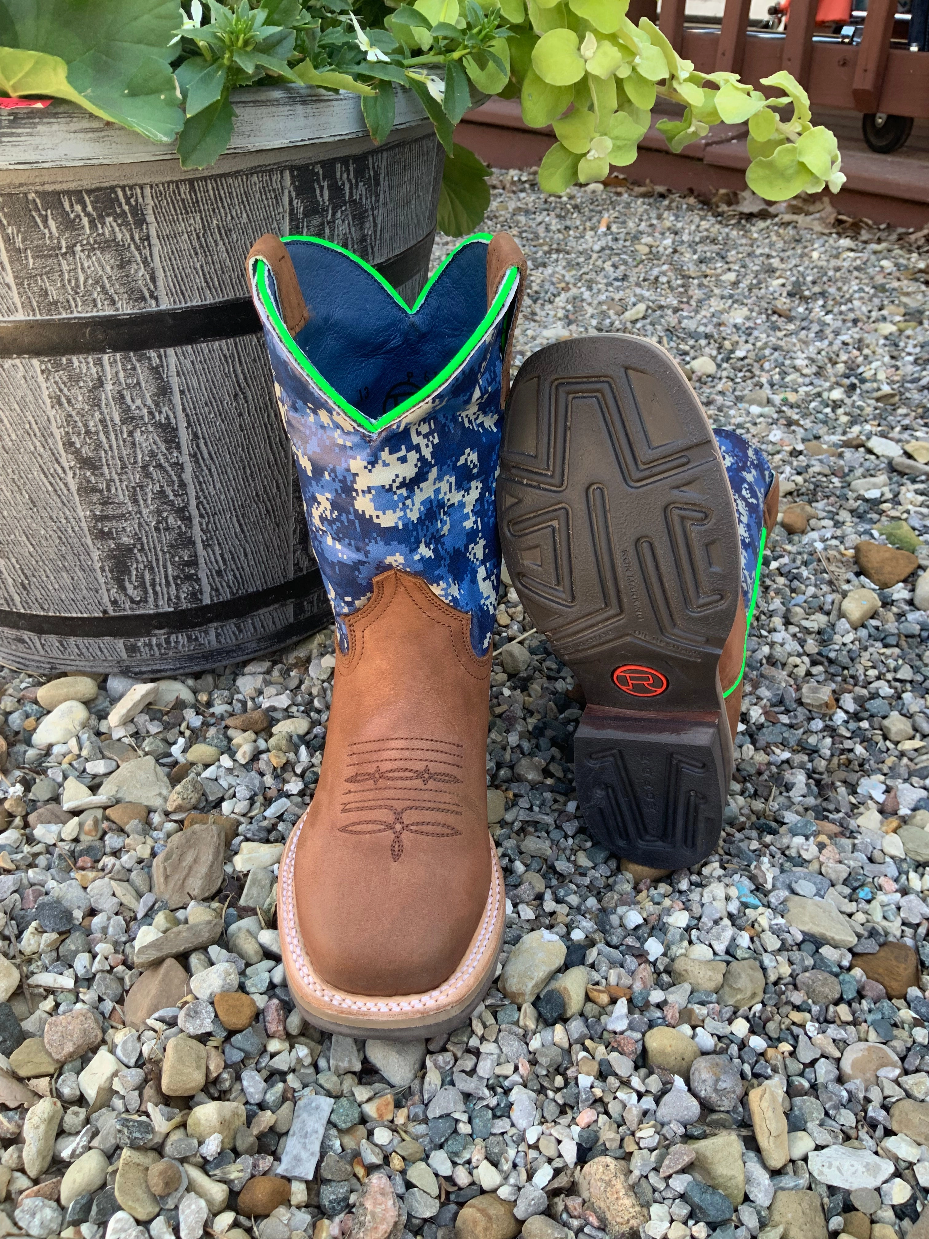 Walk Friendly Comfortable compression Roper Childrens & Youth Brown Leather & Blue Camo Top Cowboy Boots 9991-0031