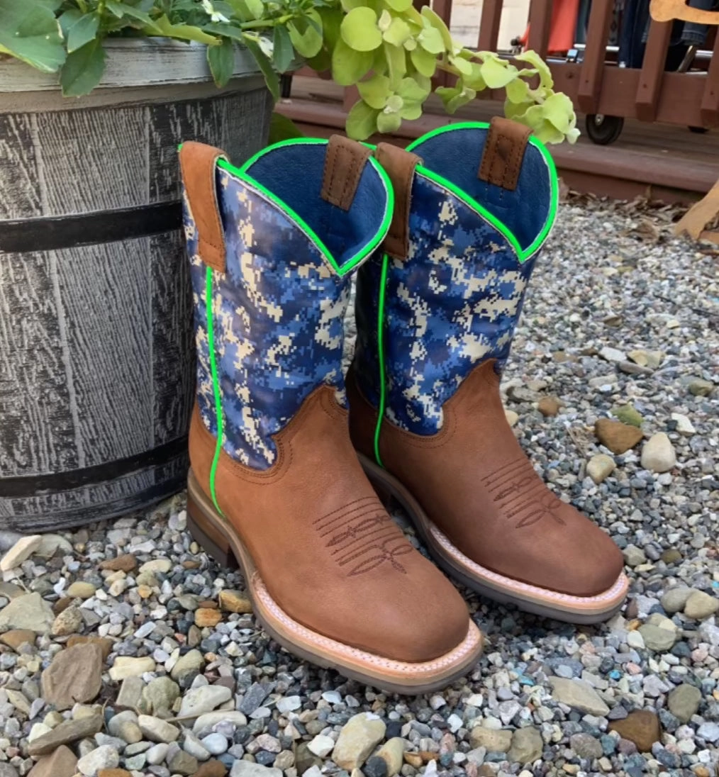 Roper Childrens & Youth Brown Leather & Blue Camo Top Cowboy Boots 9991-0031 Country Soul Leather Upper