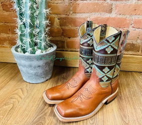 Zip-up style Anderson Bean Women's Cuoio Bella Leather & 10 Teal Embossed Top Square Toe Cowgirl Boots 333572