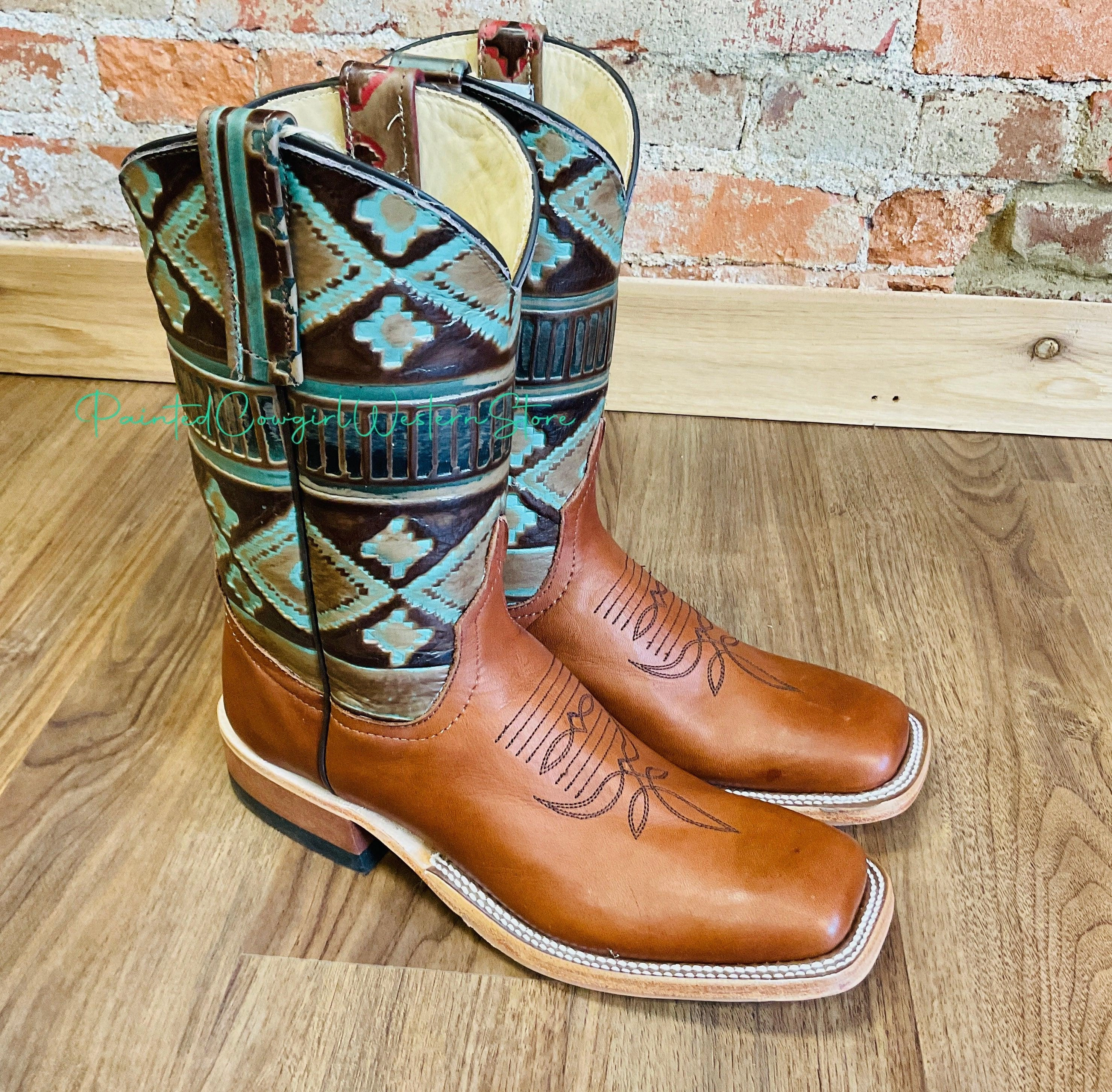 Anderson Bean Women's Cuoio Bella Leather & 10 Teal Embossed Top Square Toe Cowgirl Boots 333572 Outdoor Outback Proof