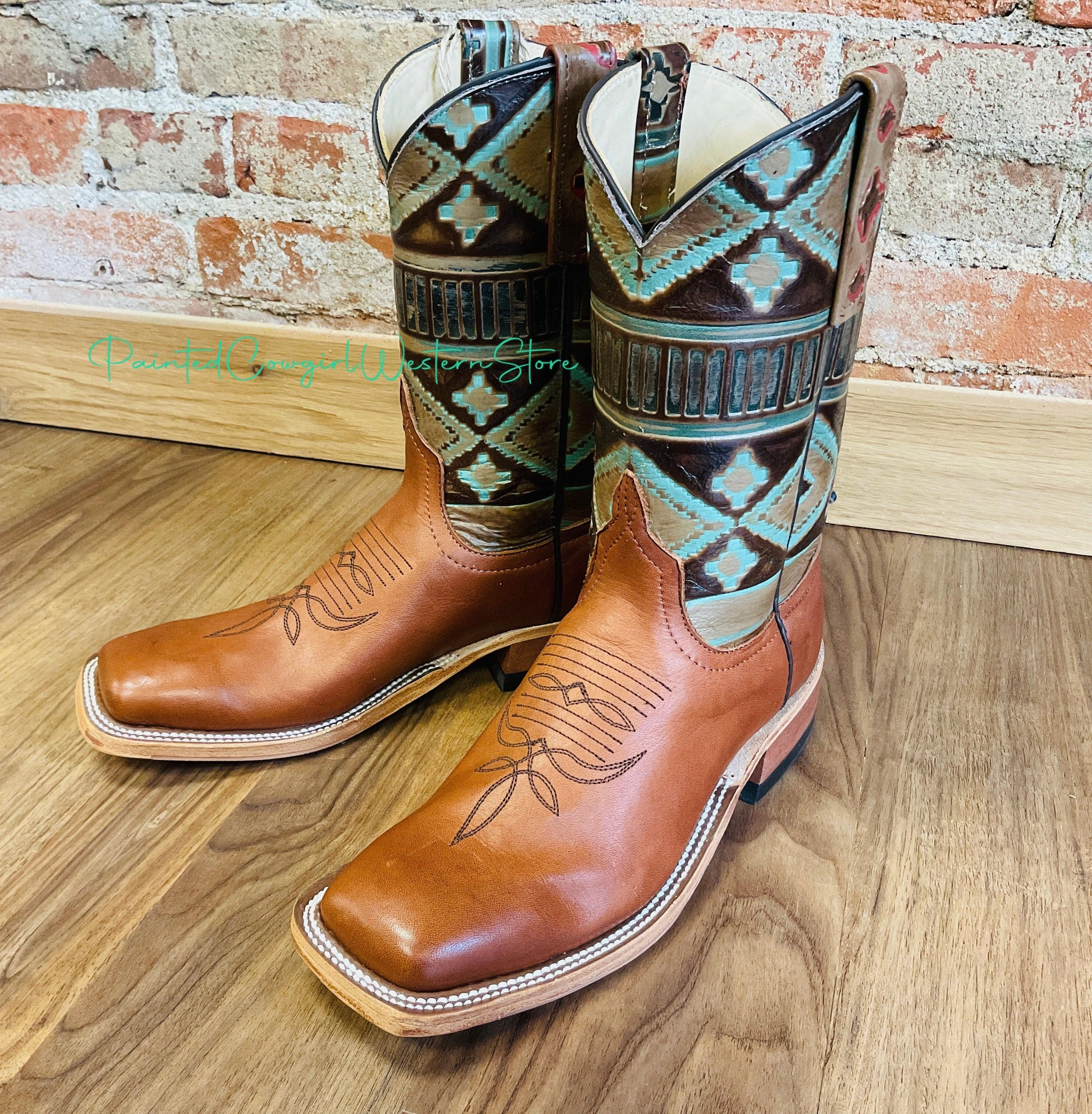 pack light Anderson Bean Women's Cuoio Bella Leather & 10 Teal Embossed Top Square Toe Cowgirl Boots 333572