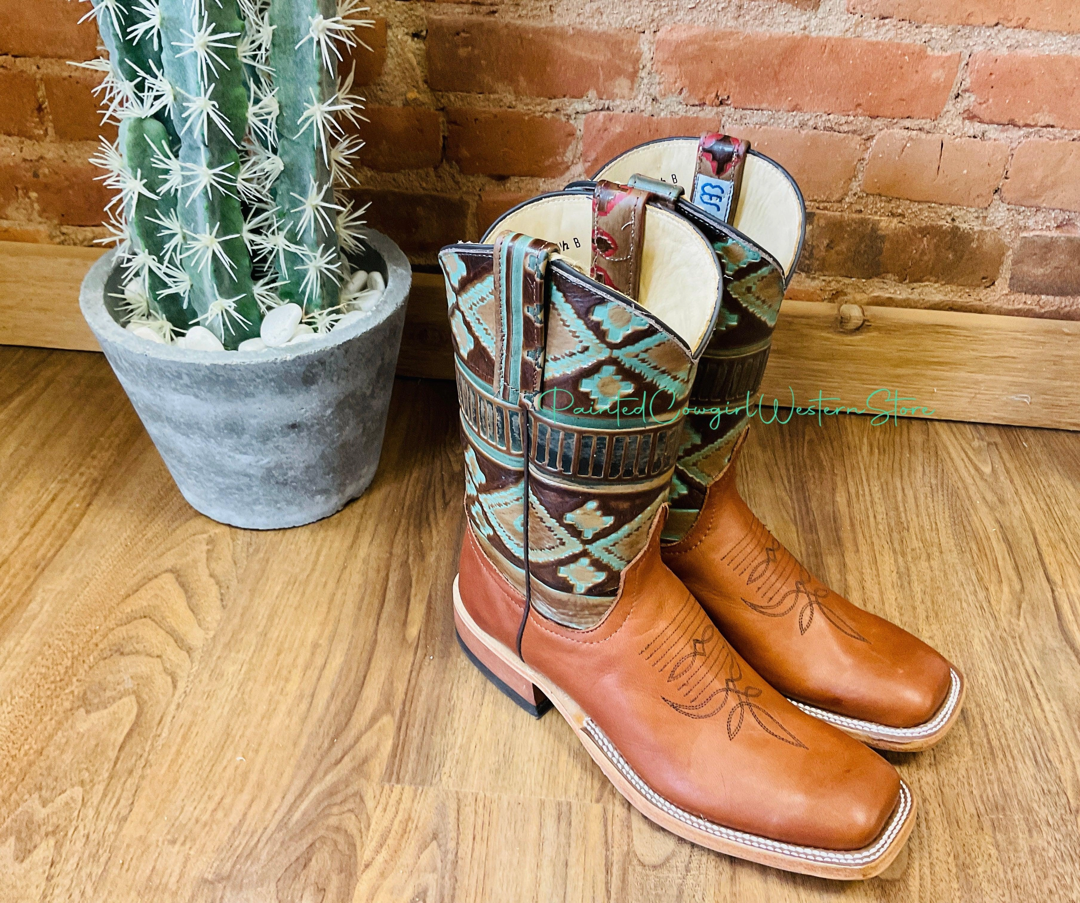 anti static Anderson Bean Women's Cuoio Bella Leather & 10 Teal Embossed Top Square Toe Cowgirl Boots 333572