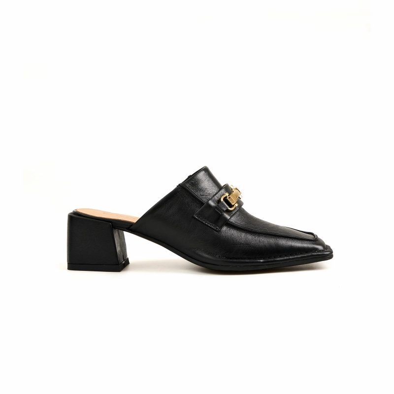 Katherine Mule Square Toe Chunky Heel in Foiled Leather Elastic laces