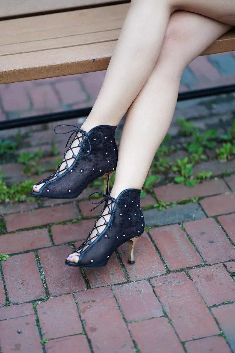 Wind Chill Supportive structure 3" Rose -- Women's Lace-Up Boot -- Black Lace with Gold Heel