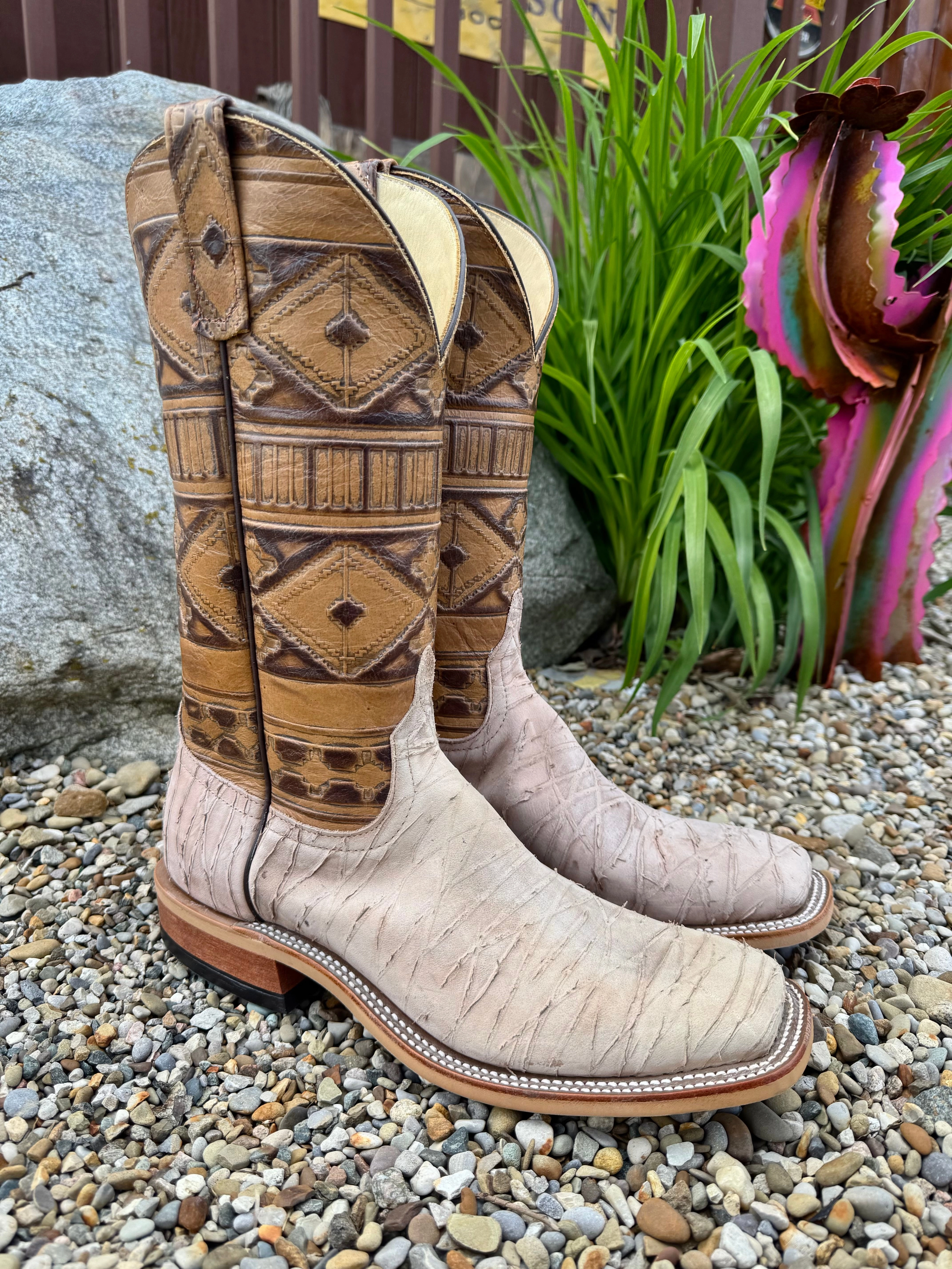 Anderson Bean Beige Dirty Sasquatch Leather & Rustic Navajo Top Square Toe Cowboy Boot 4219M Resilient Sole Slip Resistant