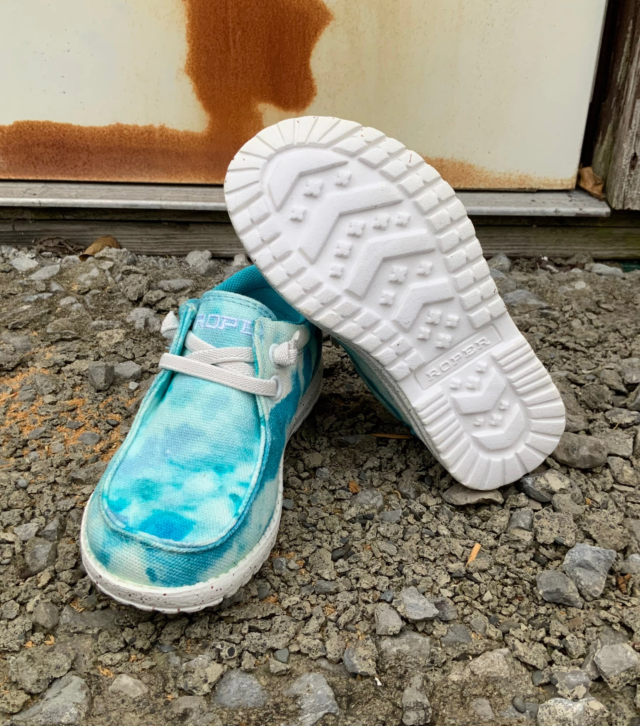 Roper Children/Youth Eva Moc Blue Tie Dye Canvas Slip On Laced Shoe 1793-3011 Steel Cap Cushioned Support