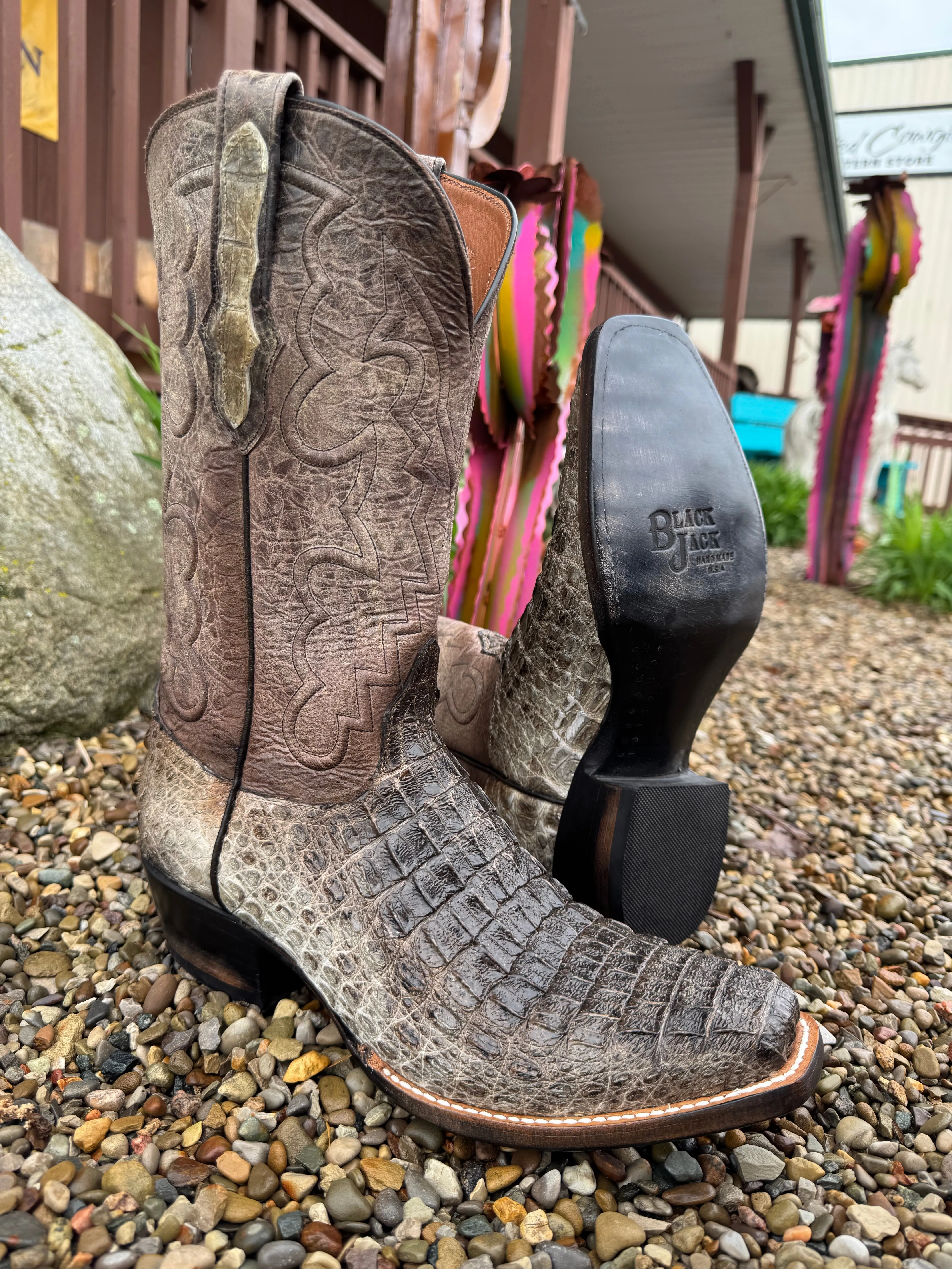 Soft Footbed Sturdy Build Black Jack Mens Natural Caiman Body Cut Hornback Narrow Square Toe Cowboy Boots NT-77121-V3