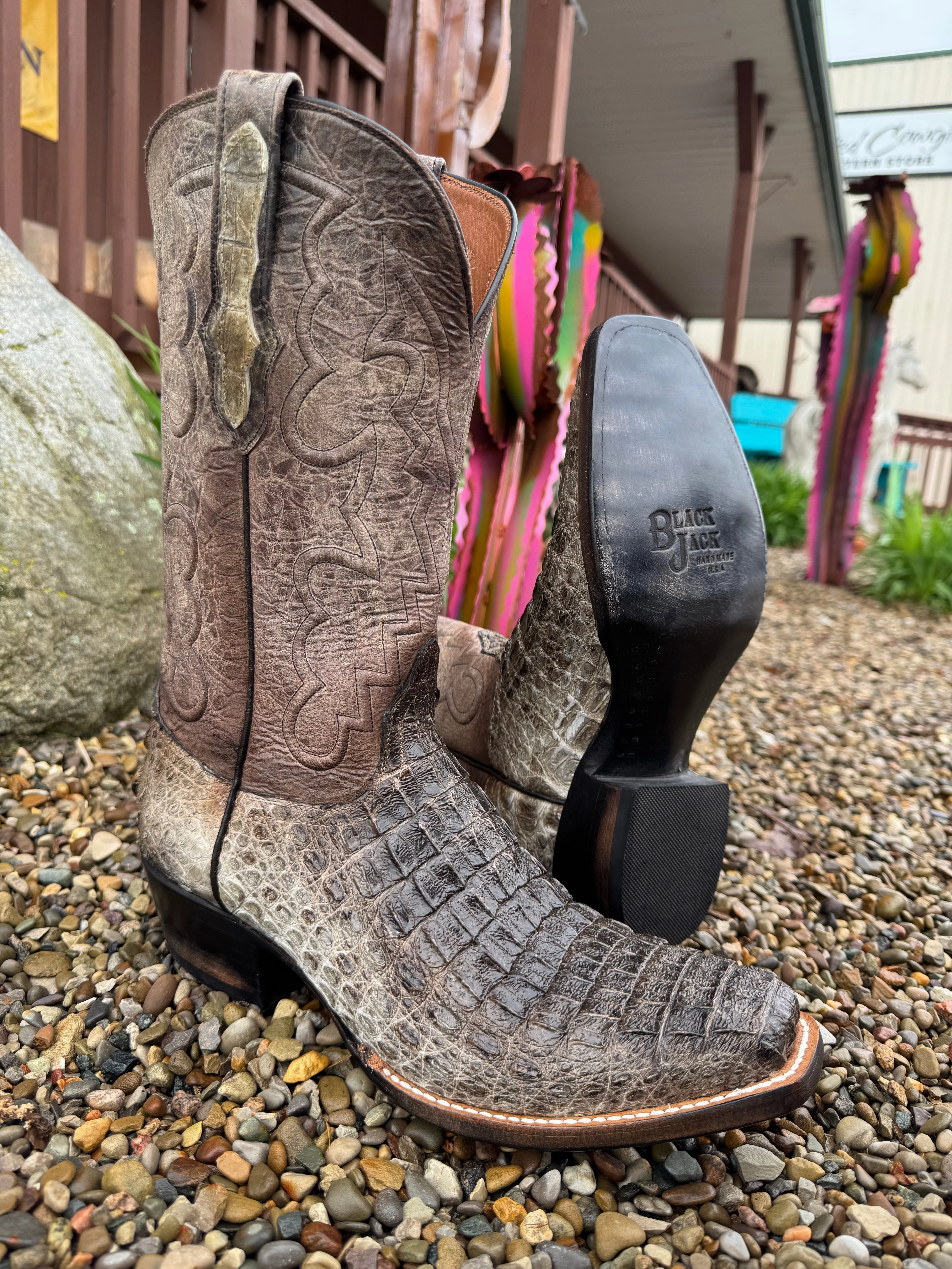 Soft Footbed Sturdy Build Black Jack Mens Natural Caiman Body Cut Hornback Narrow Square Toe Cowboy Boots NT-77121-V3