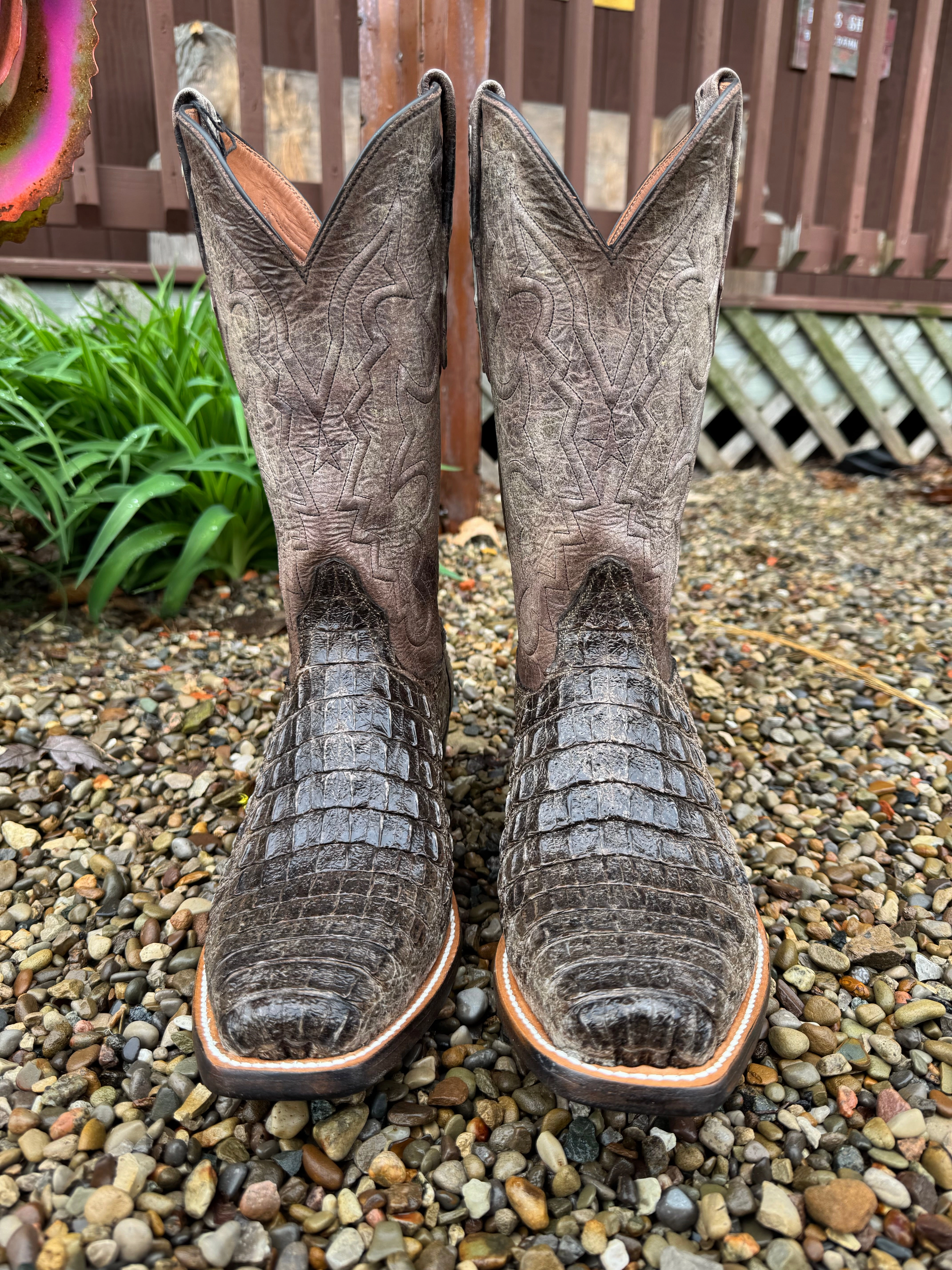 Patterned Surface Black Jack Mens Natural Caiman Body Cut Hornback Narrow Square Toe Cowboy Boots NT-77121-V3