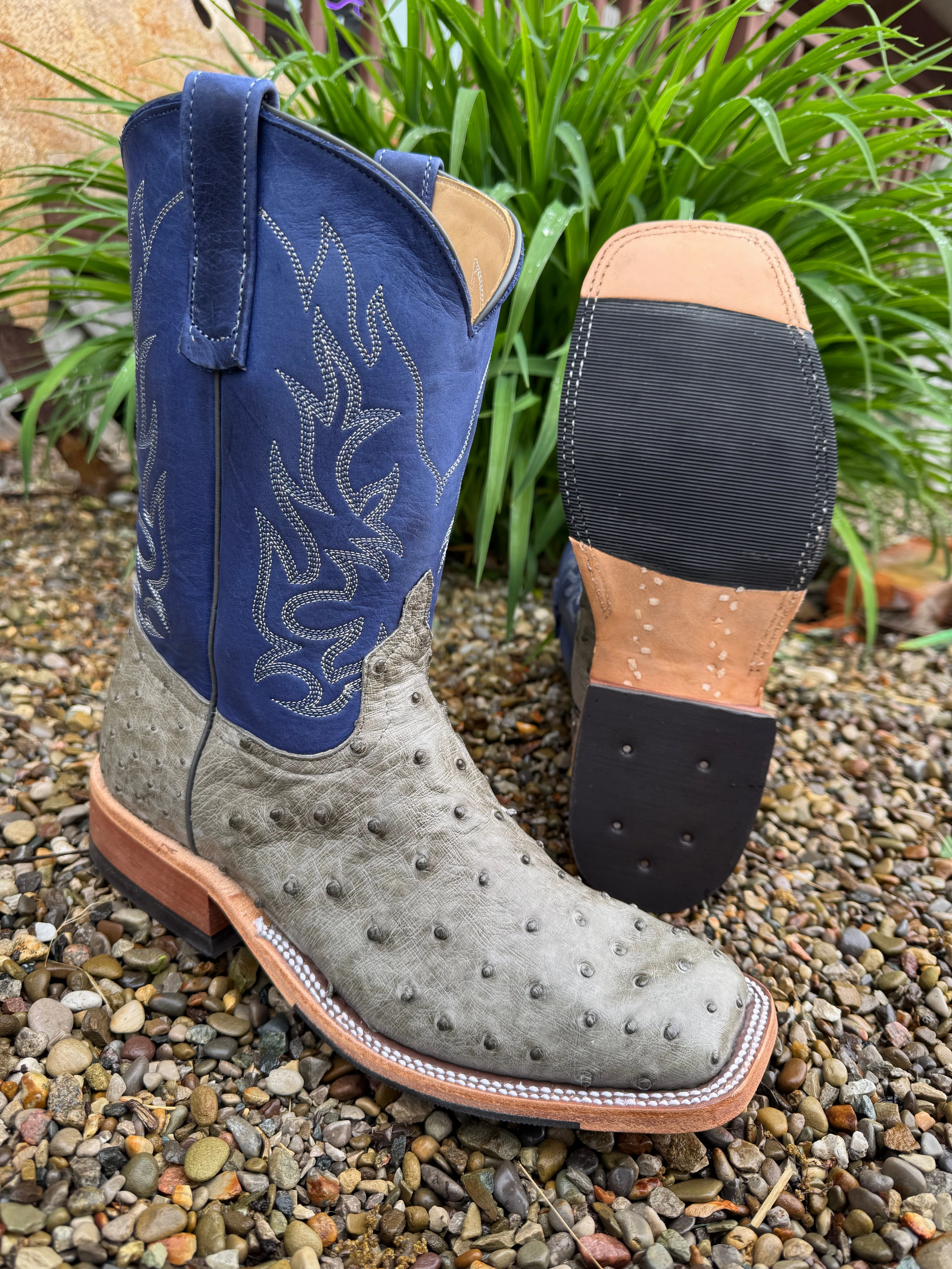 Anderson Bean Men's Mouse Grey Bruciato Ostrich & 10 Royal Blue Top Square Toe Cowboy Boots 339589 Warm And Comfortable Fleece Lined