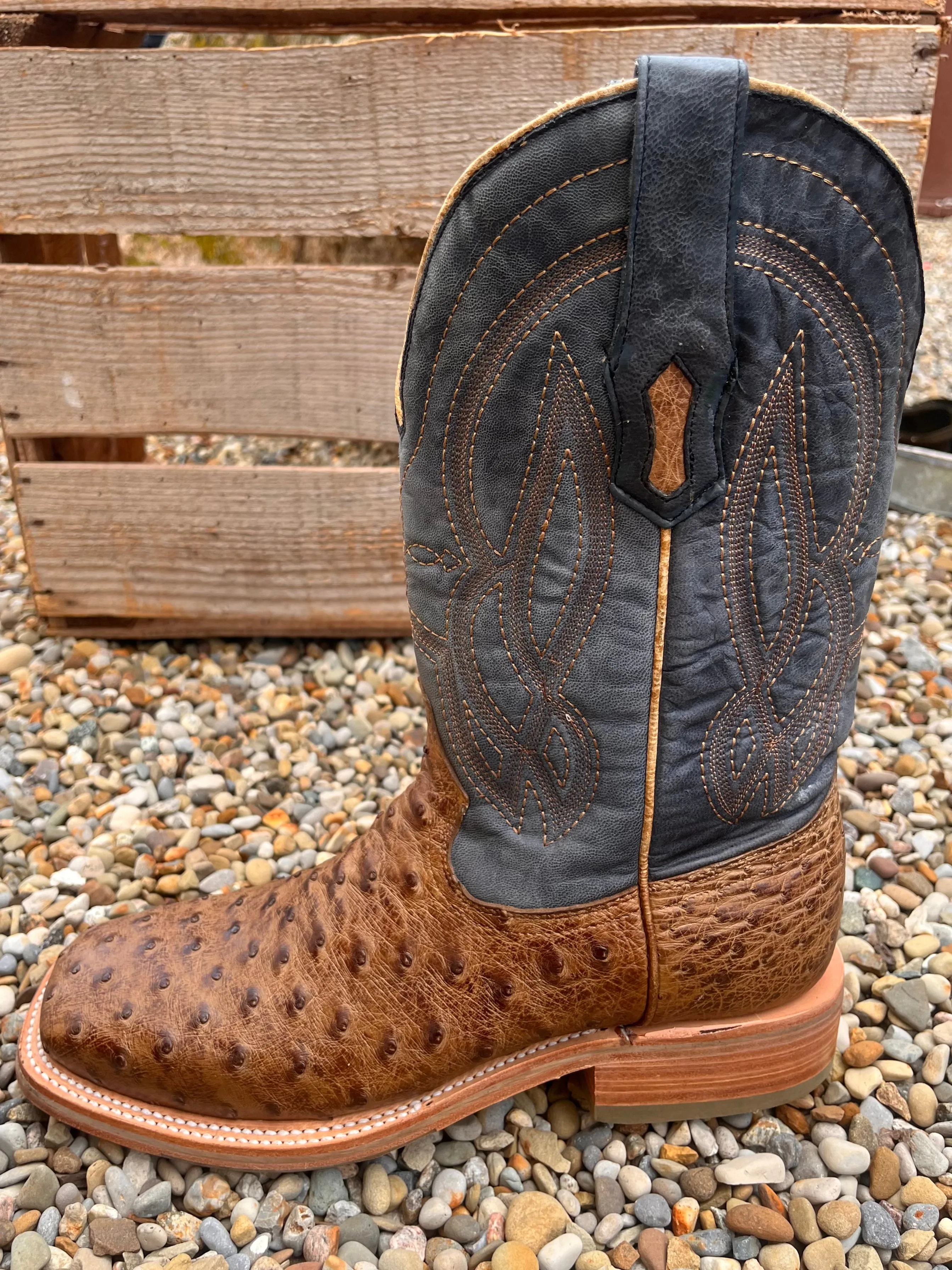 Corral Men's Blue and Orix Brown Full Quill Ostrich Square Toe Cowboy Boots A4052 Transitional Look Rain Terrain