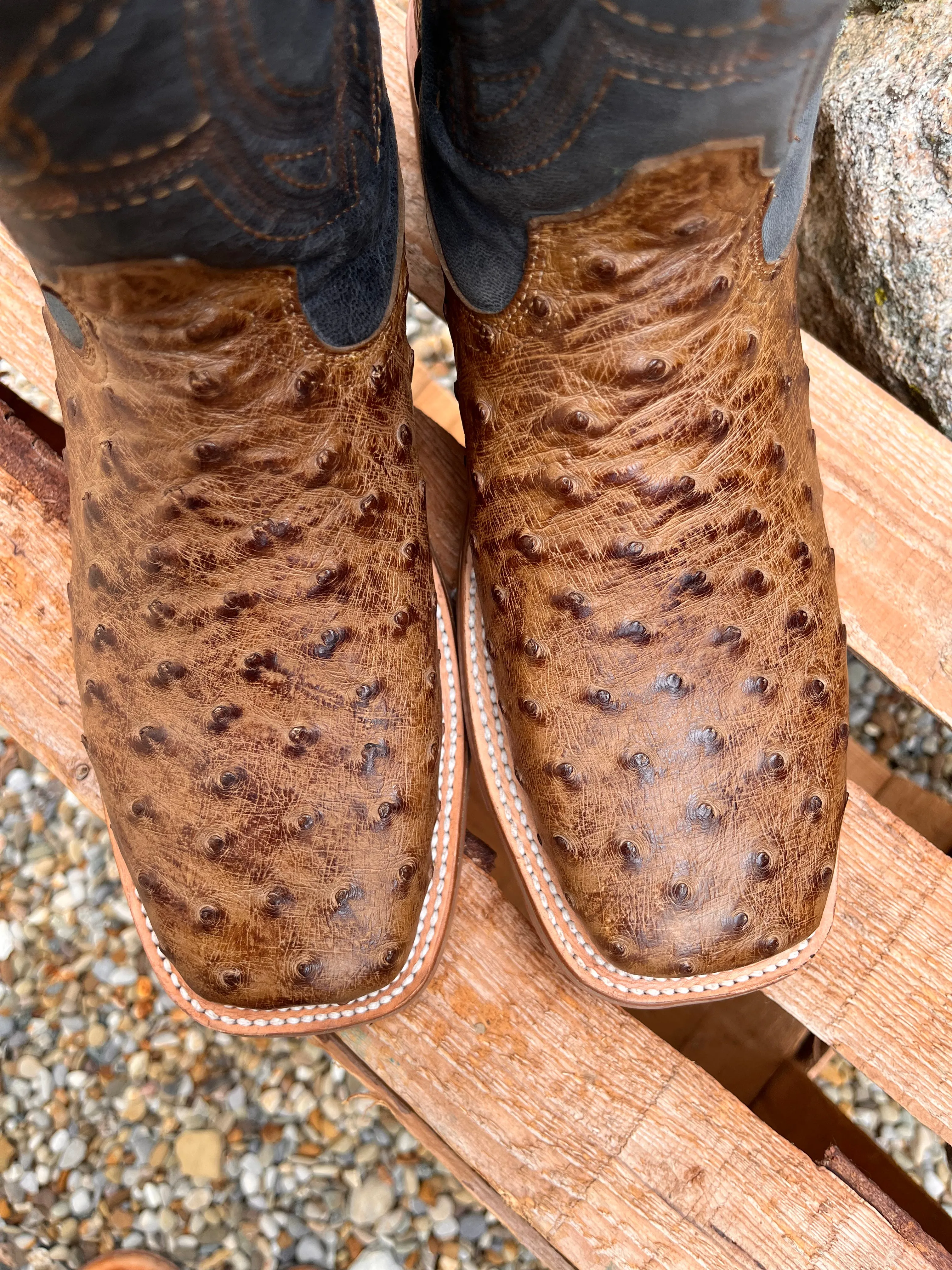 Corral Men's Blue and Orix Brown Full Quill Ostrich Square Toe Cowboy Boots A4052 Lace-Up Style
