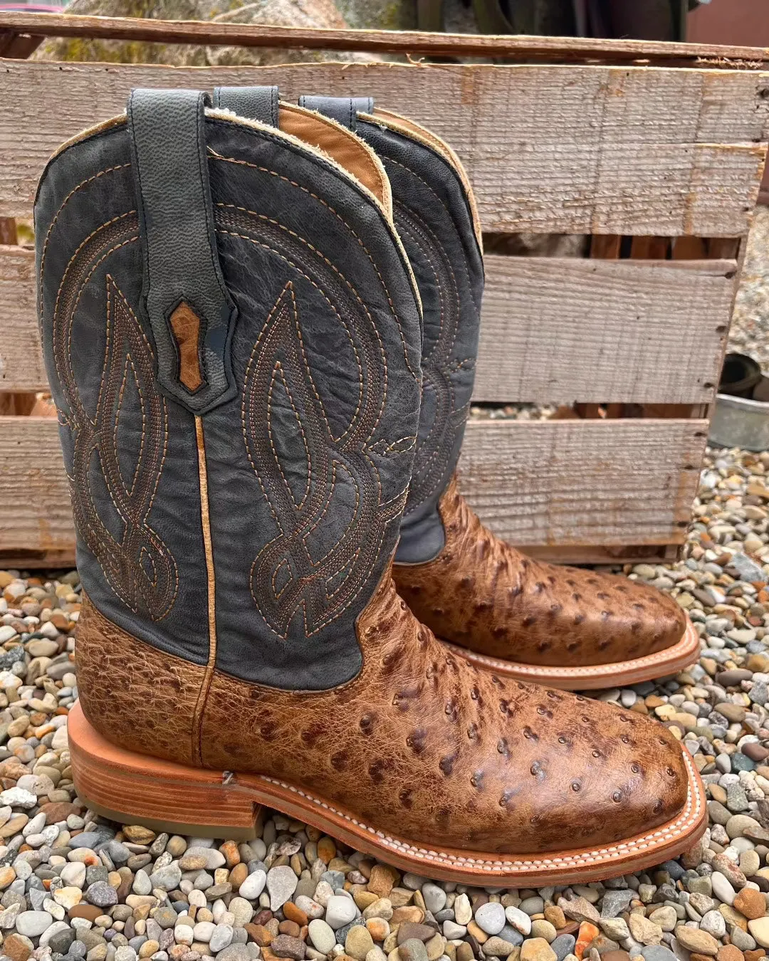Corral Men's Blue and Orix Brown Full Quill Ostrich Square Toe Cowboy Boots A4052 TPU Outsole