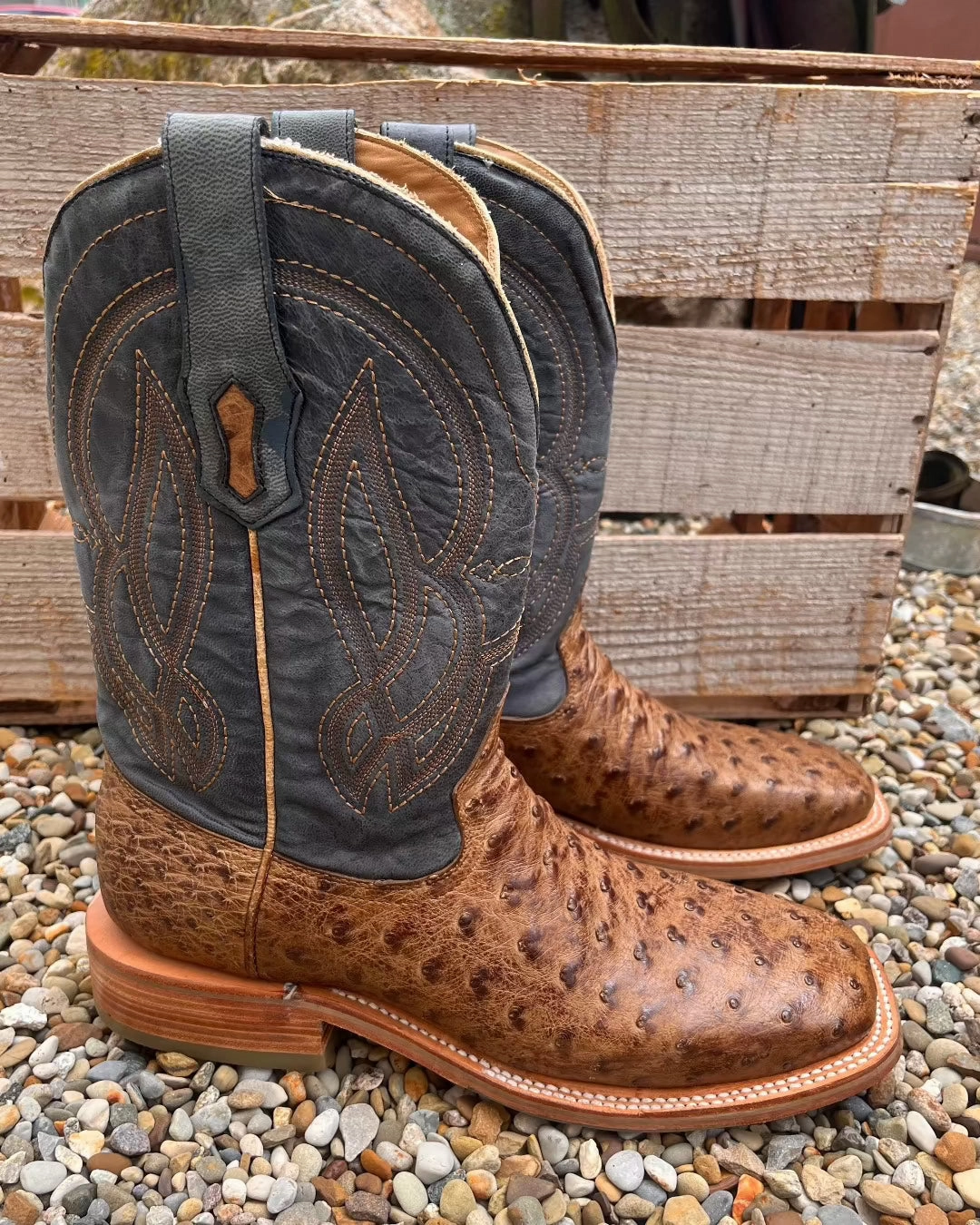 Corral Men's Blue and Orix Brown Full Quill Ostrich Square Toe Cowboy Boots A4052 TPU Outsole