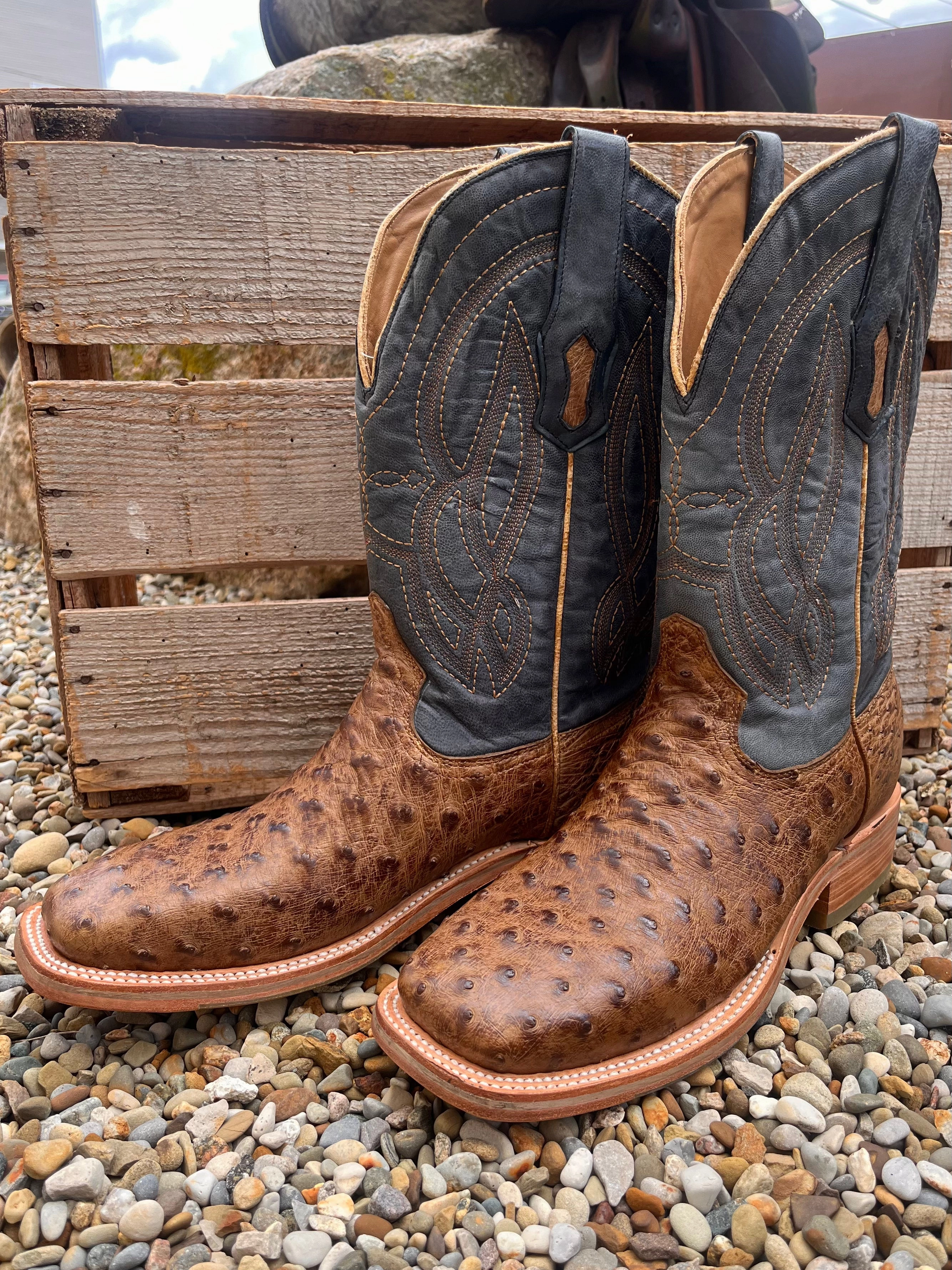Slip-Resistant Sole Corral Men's Blue and Orix Brown Full Quill Ostrich Square Toe Cowboy Boots A4052