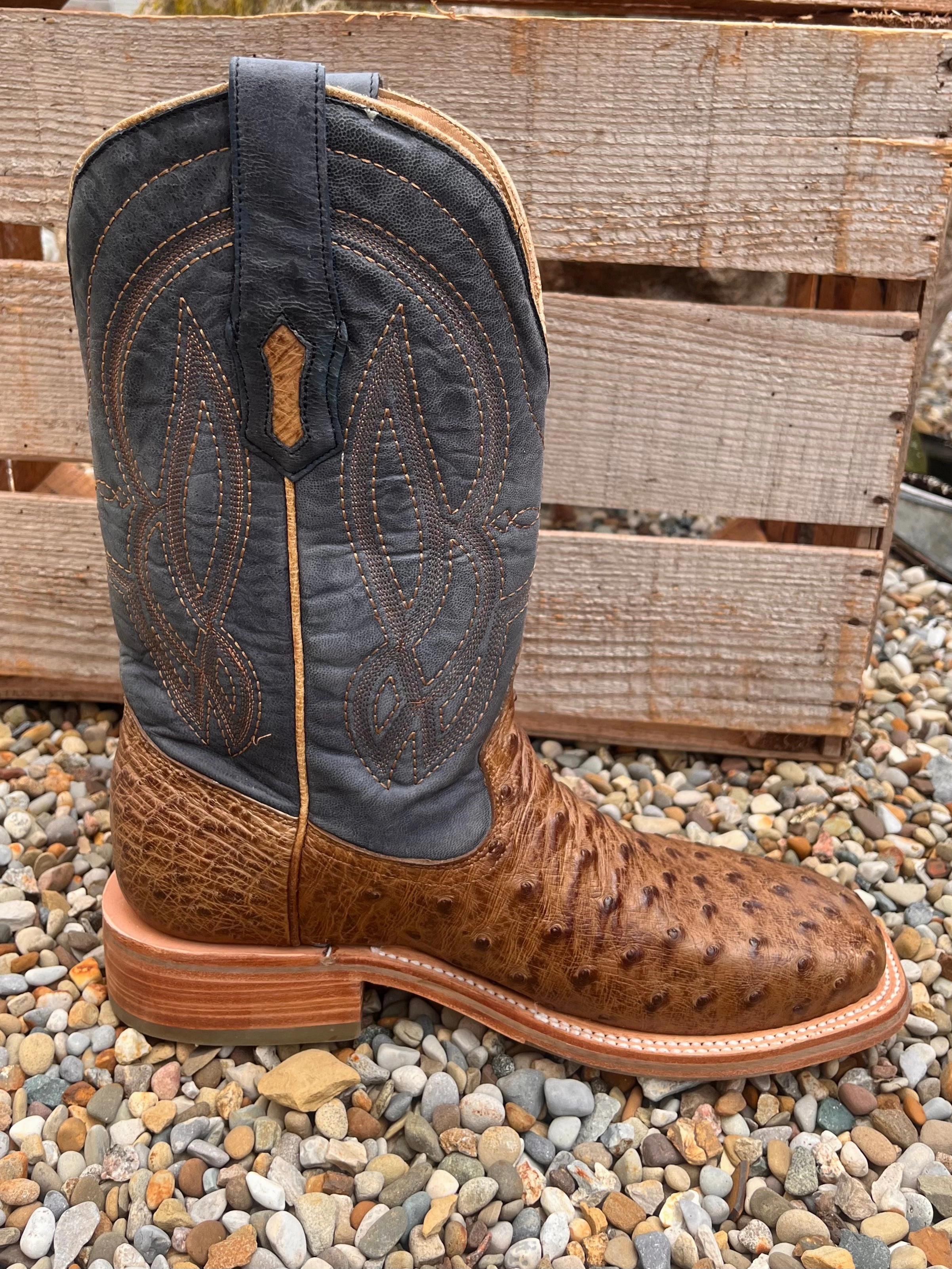 Corral Men's Blue and Orix Brown Full Quill Ostrich Square Toe Cowboy Boots A4052 Padded collar Everyday Style