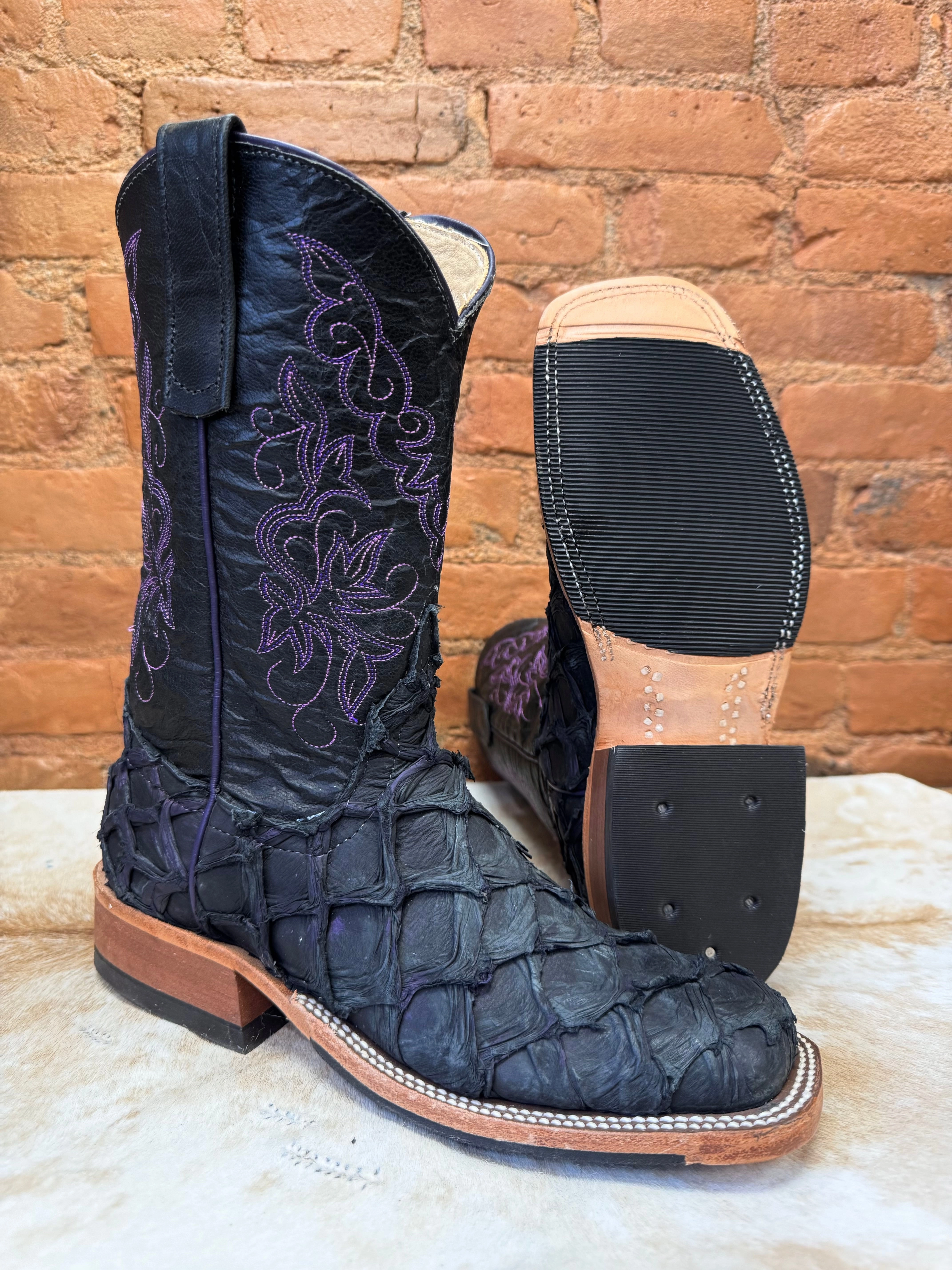 Trendsetting Style High Traction Anderson Bean Women's Purple Panther Black/Purple Big Bass & 10 Black Top Square Toe Cowgirl Boots 335675