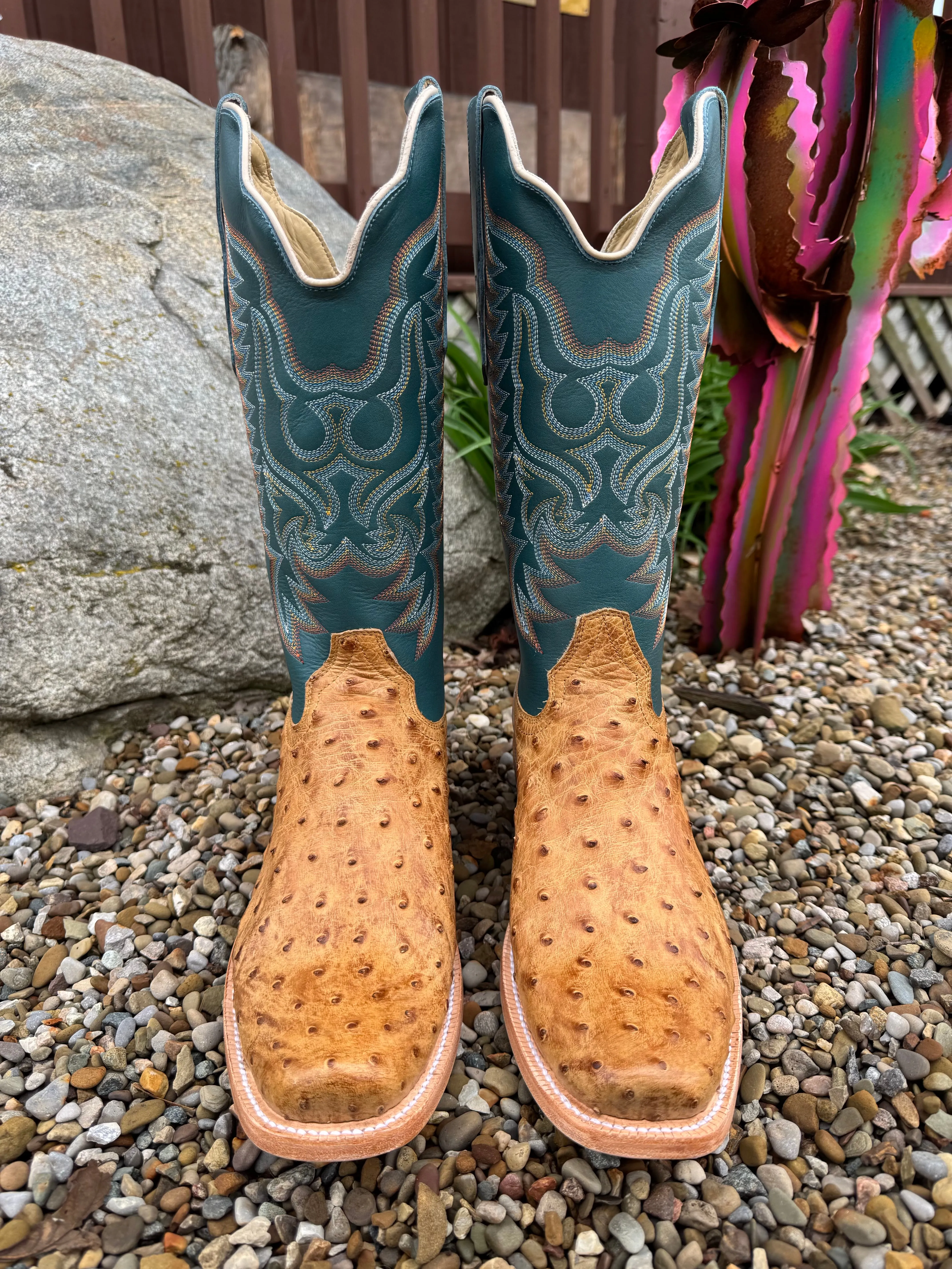 Snow Day R. Watson Men's Antique Saddle Full Quill Ostrich Narrow Toe Western Cowboy Boots RW4513-1)