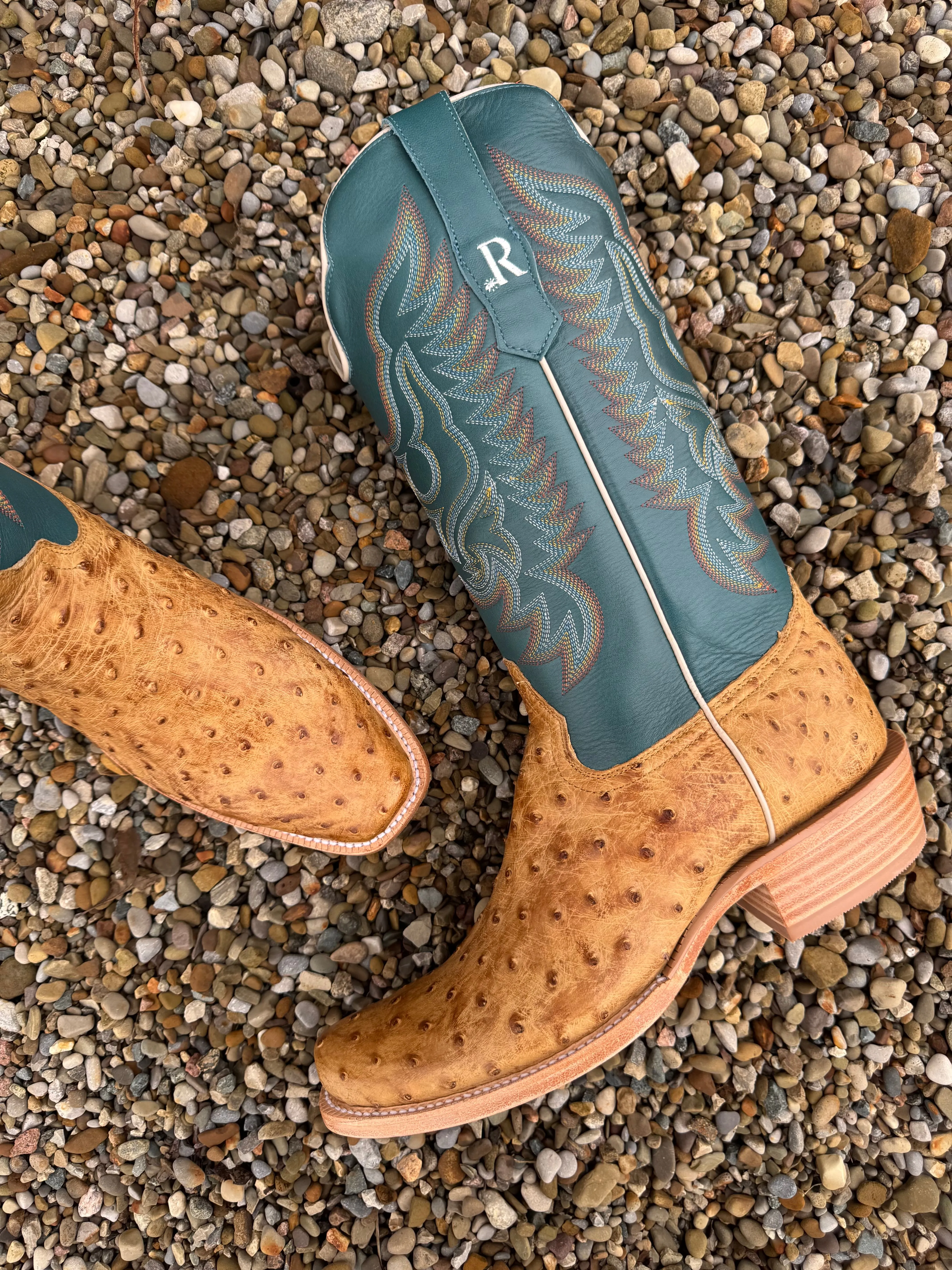 R. Watson Men's Antique Saddle Full Quill Ostrich Narrow Toe Western Cowboy Boots RW4513-1) Comfortable Flex