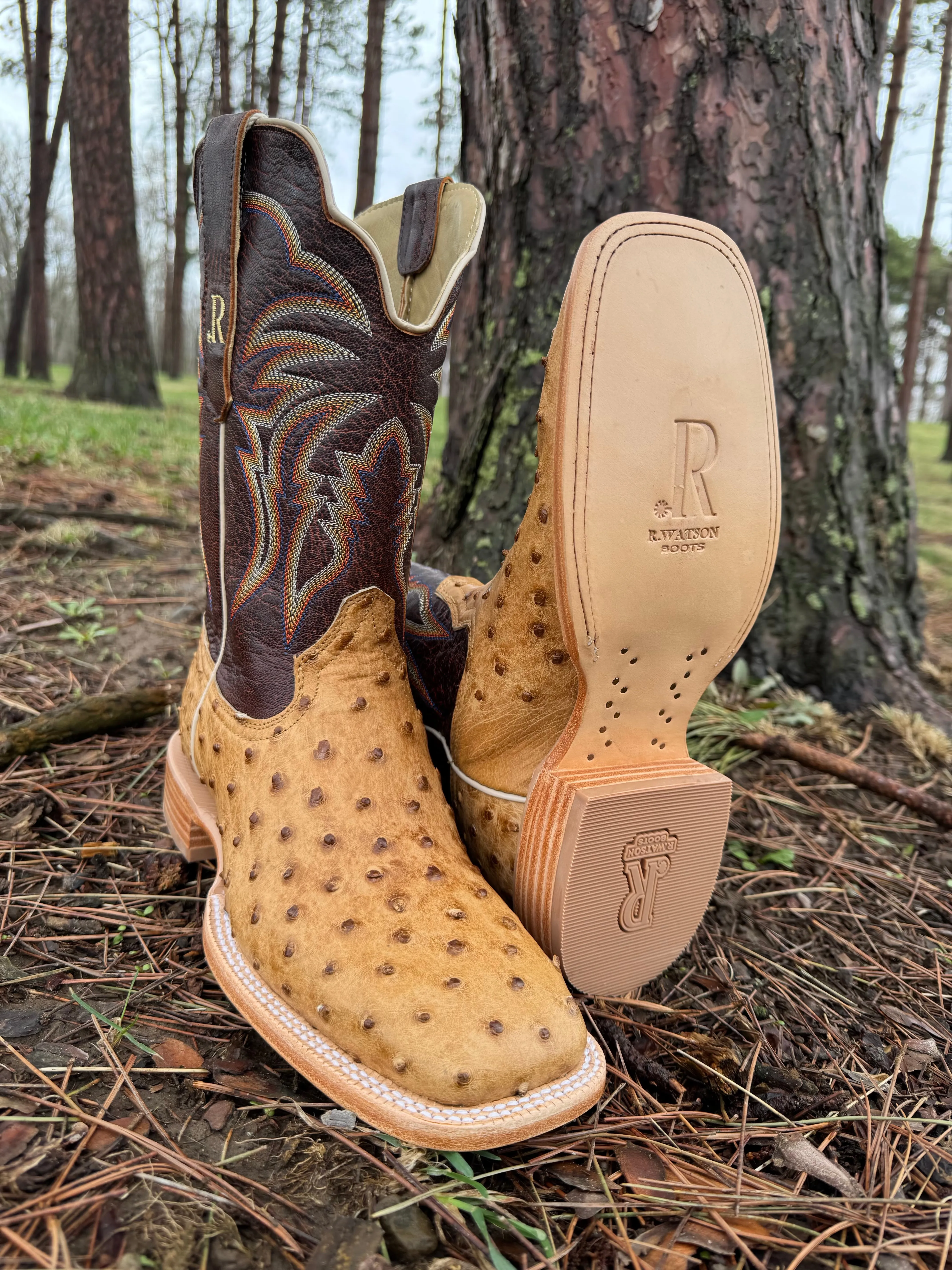 R. Watson Men's Antique Saddle Full Quill Ostrich Square Toe Cowboy Boots RW4506-2 Adventure Gear Rough Ready