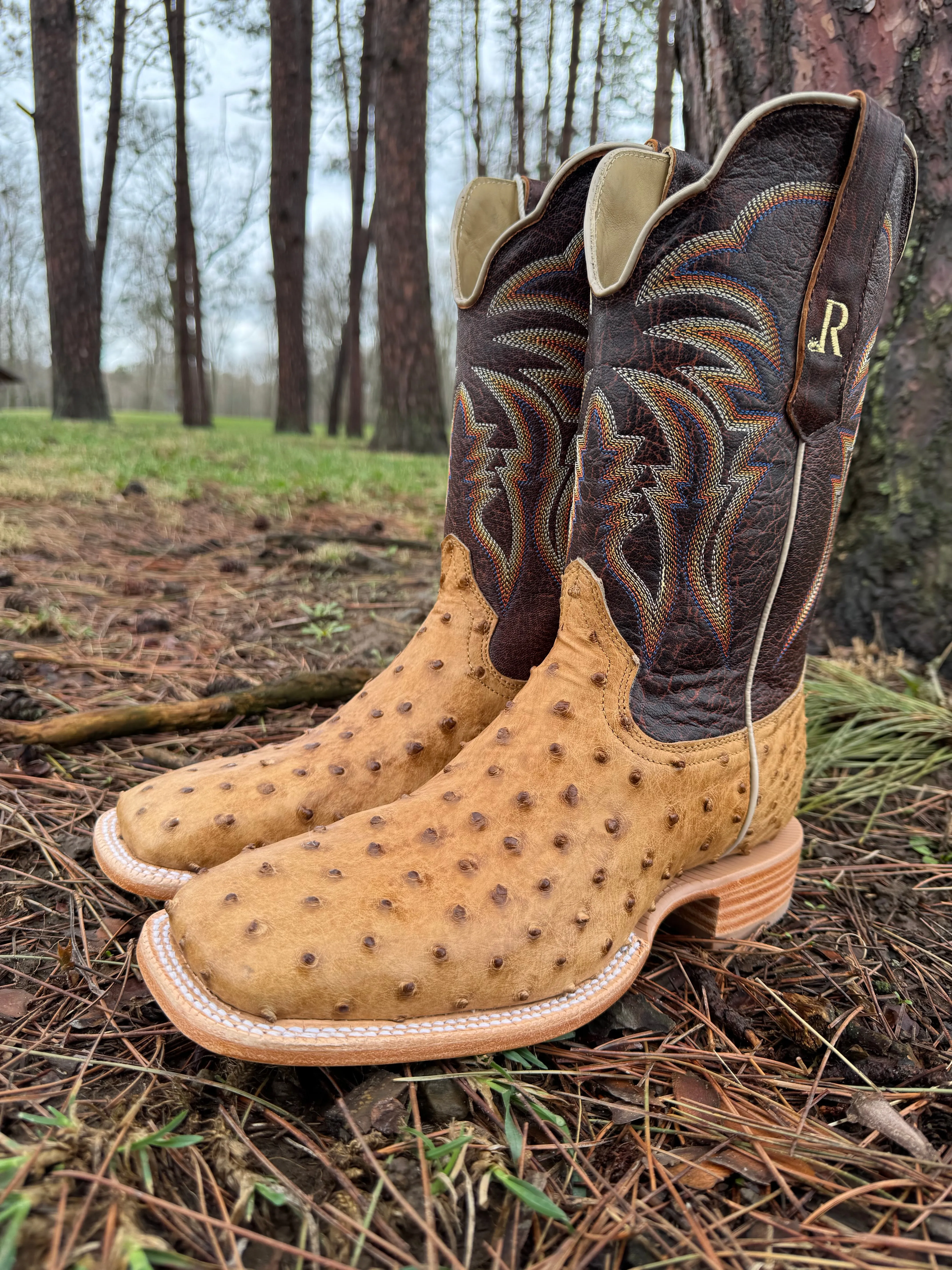 R. Watson Men's Antique Saddle Full Quill Ostrich Square Toe Cowboy Boots RW4506-2 Resistant Layer Trendy Footwear