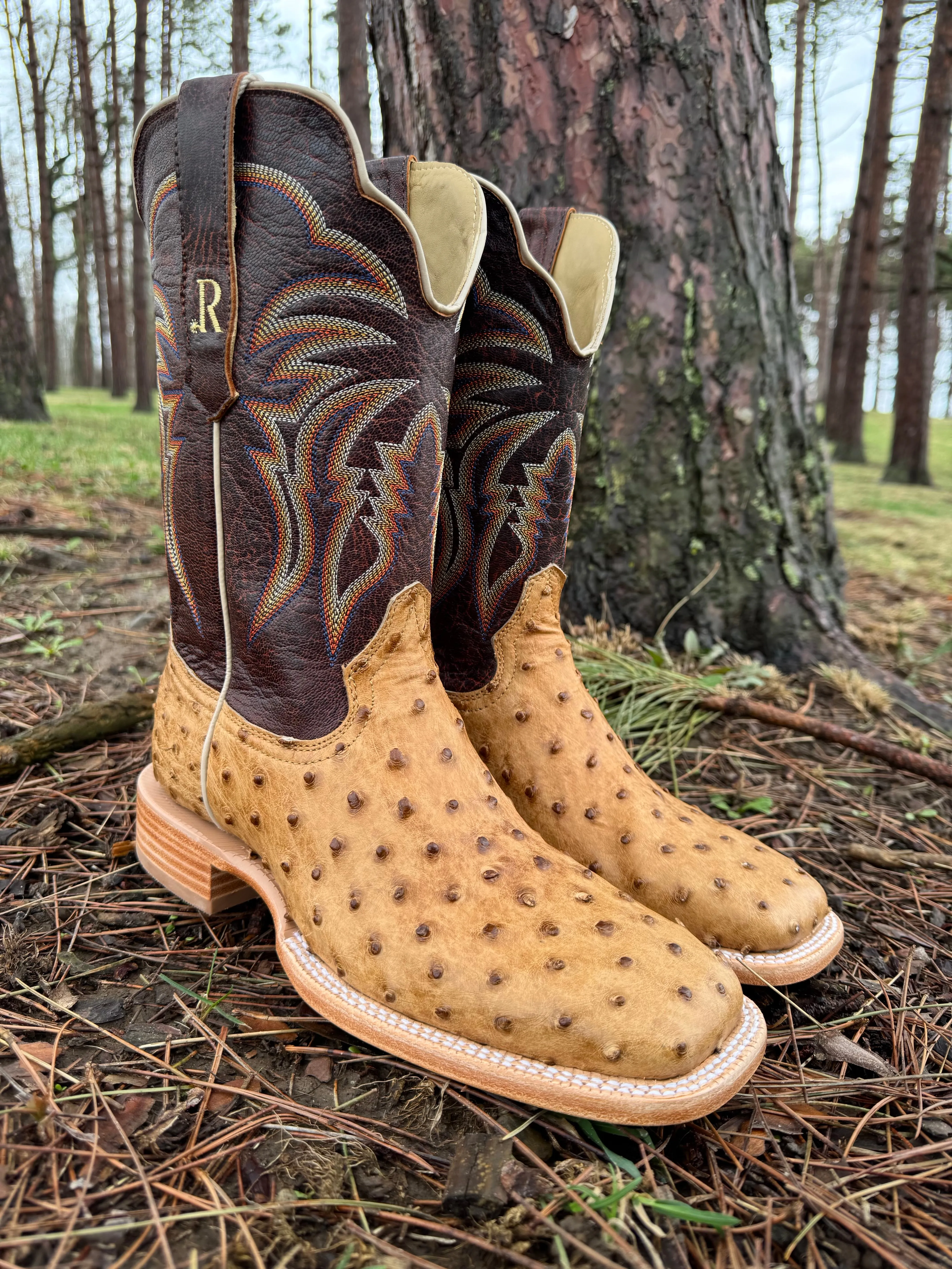 R. Watson Men's Antique Saddle Full Quill Ostrich Square Toe Cowboy Boots RW4506-2 Waterproof Design Soft Power