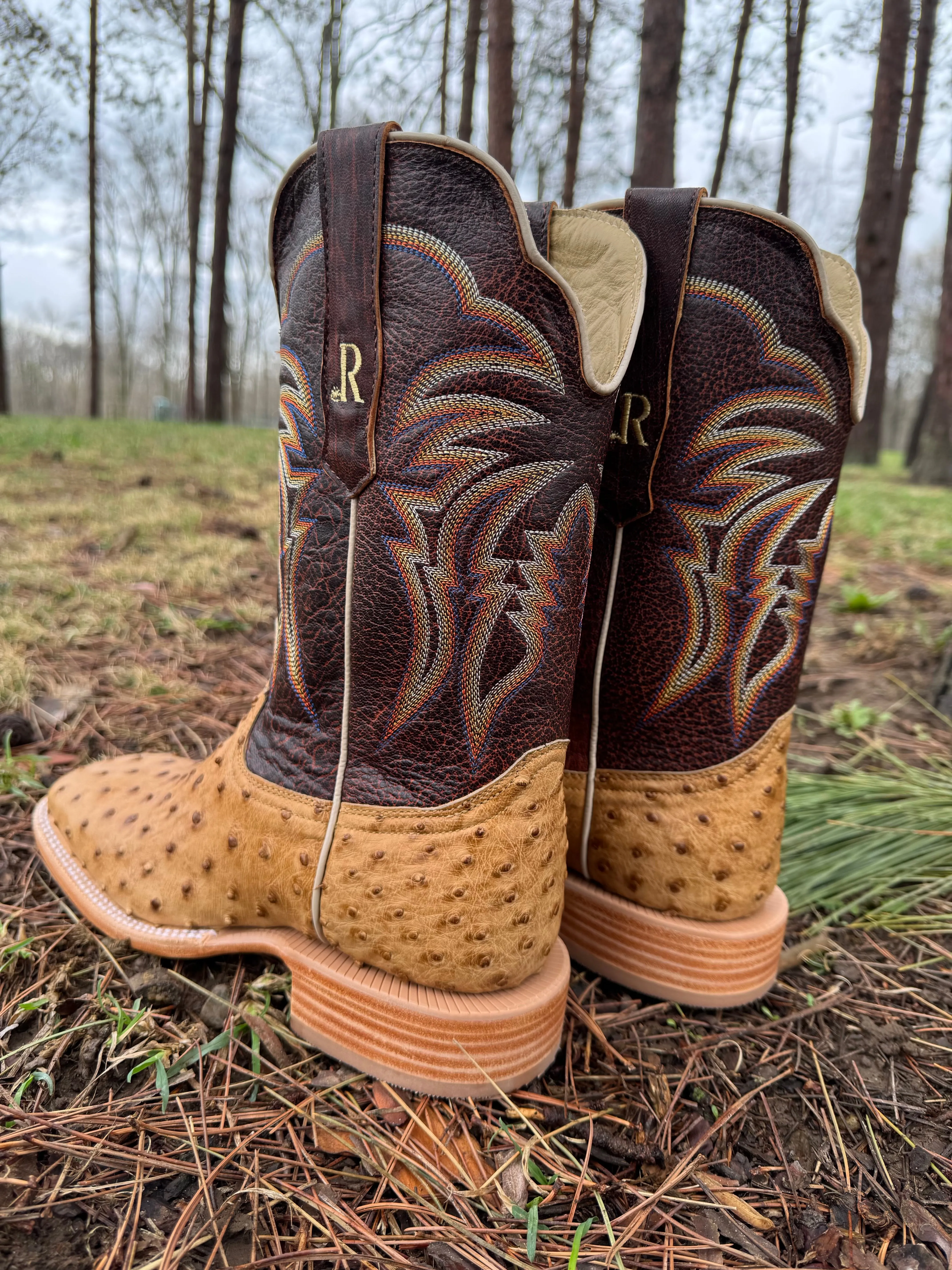 R. Watson Men's Antique Saddle Full Quill Ostrich Square Toe Cowboy Boots RW4506-2 Stable base