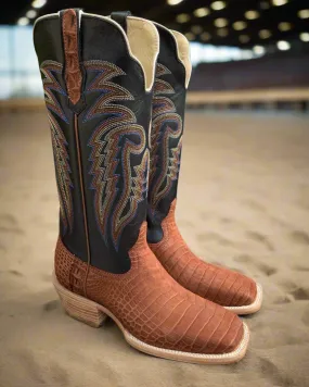 R. Watson Men's Cognac Sueded Nile Crocodile Square Toe Cowboy Boots RW9012-2 Rain Ready