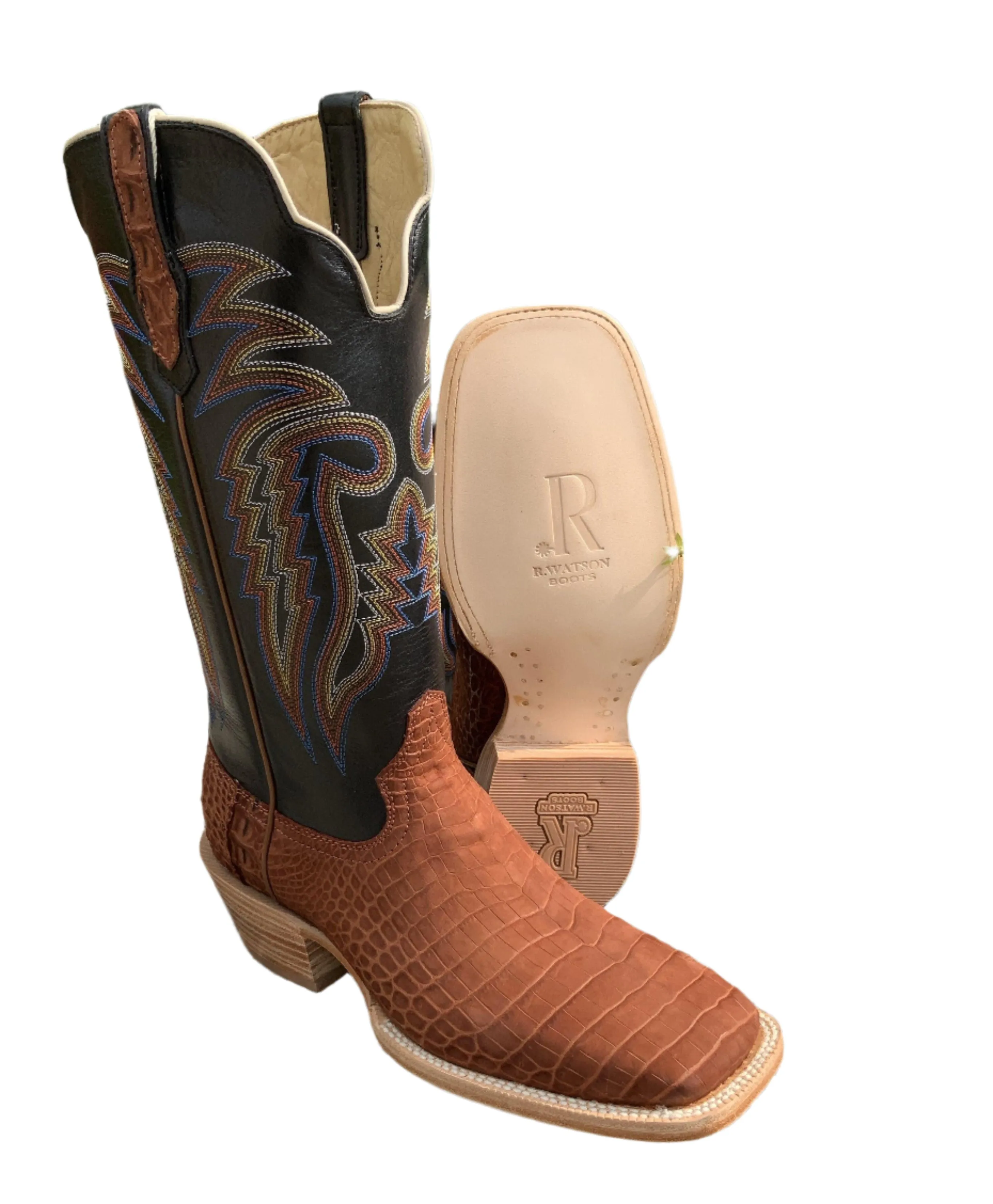 Neutral Tones Premium Comfort R. Watson Men's Cognac Sueded Nile Crocodile Square Toe Cowboy Boots RW9012-2