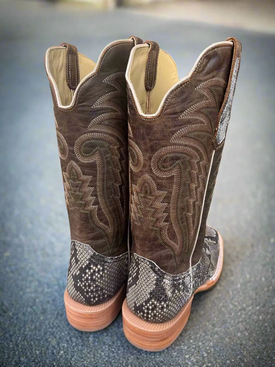 R. Watson Men's Rustic Python Belly Square Toe Western Cowboy Boots RW7913-2 Thin Sole Pull on