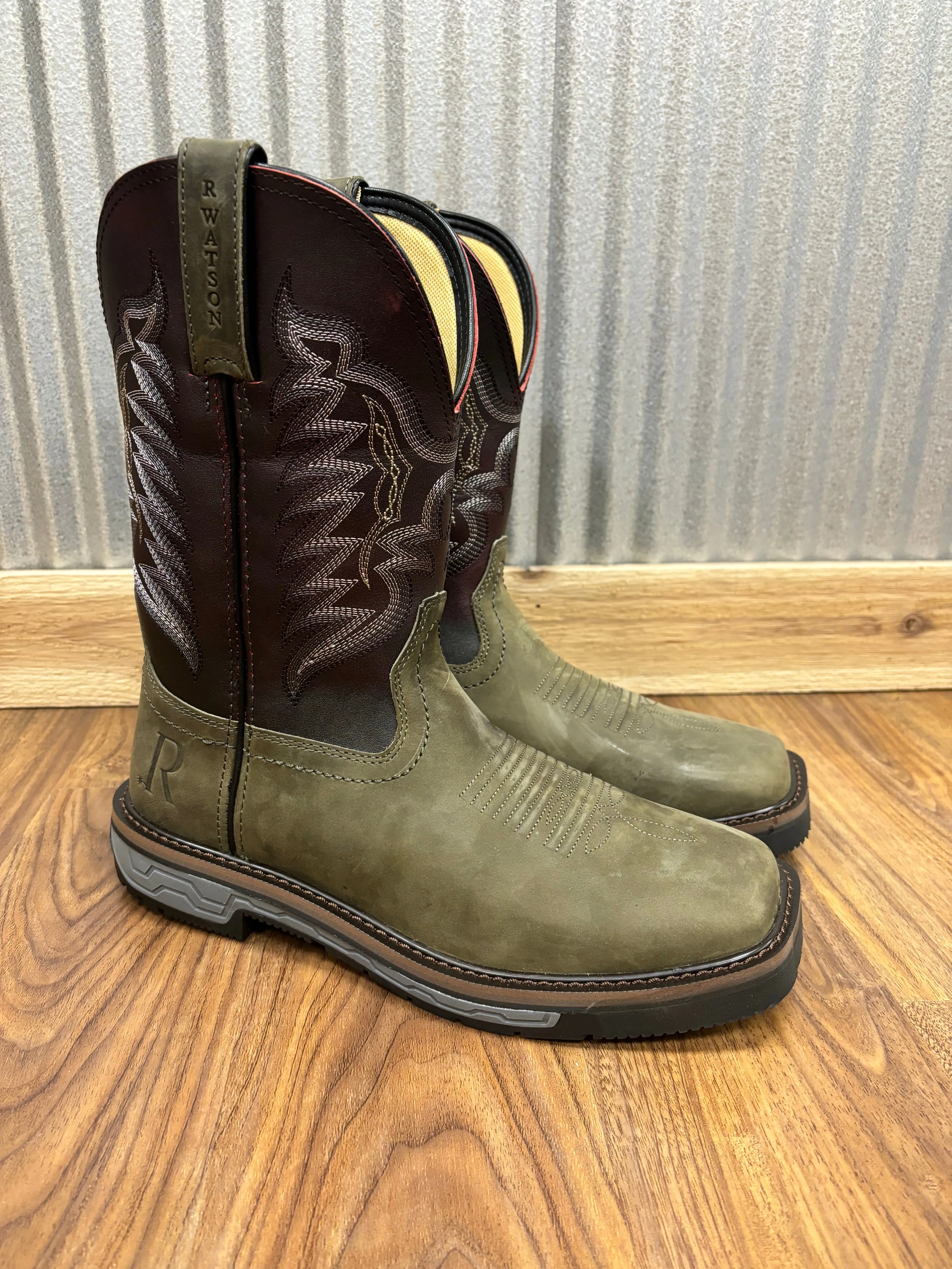 R. Watson Men's Vintage Grey & Black Cherry Top Square Toe Work Boots RW1801 Training Ground slim fit