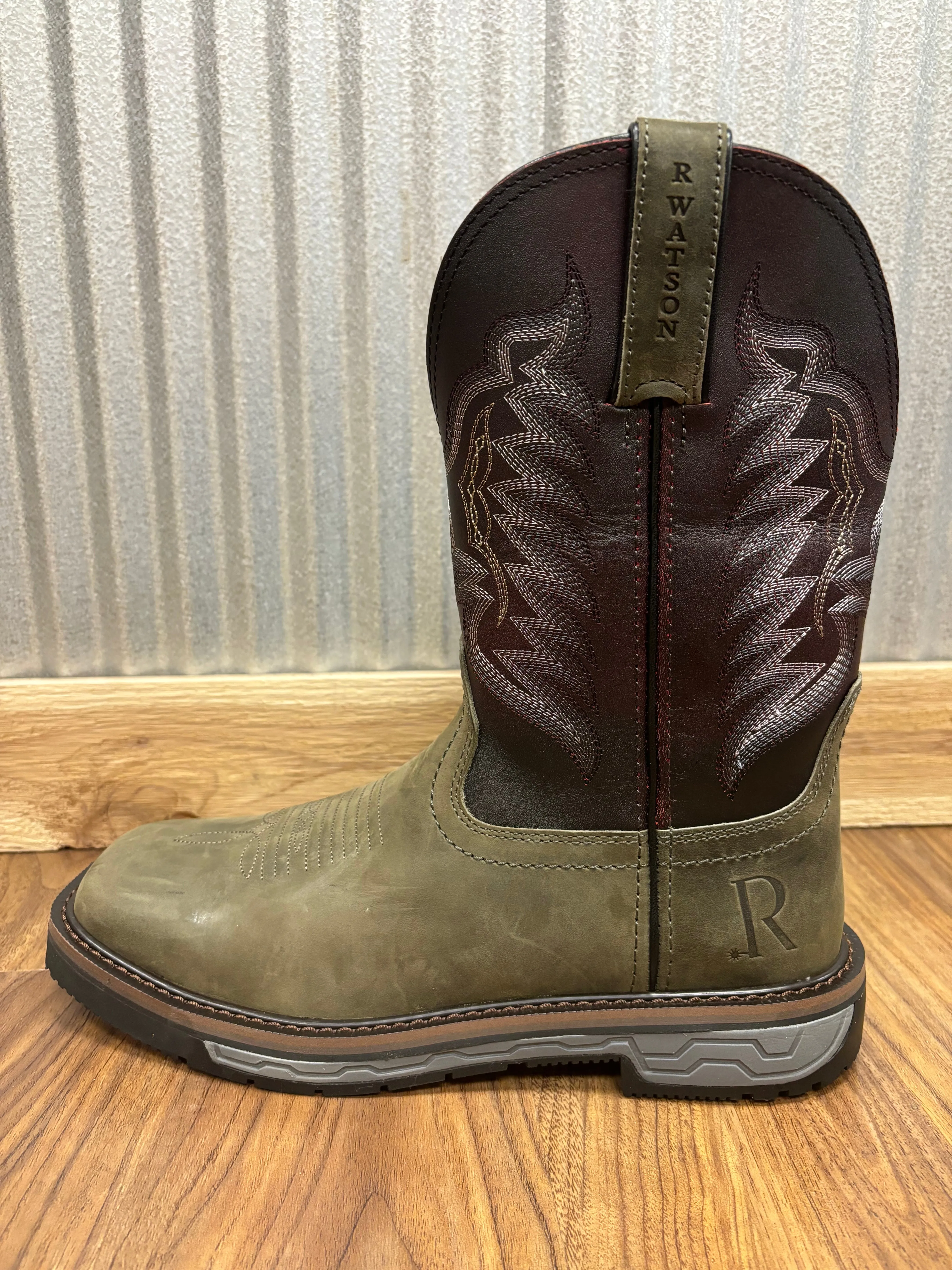 Animal Spot R. Watson Men's Vintage Grey & Black Cherry Top Square Toe Work Boots RW1801