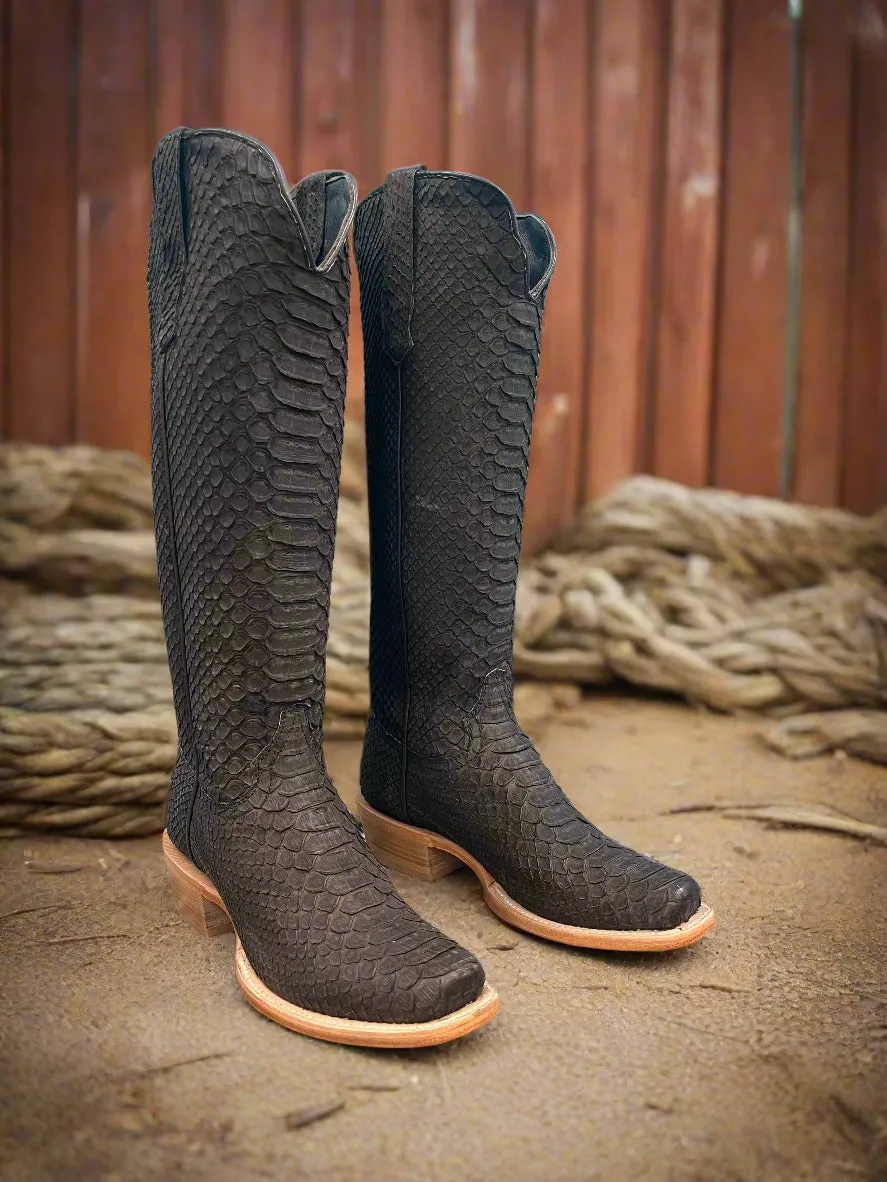 R. Watson Women's 17" Matte Chocolate Nubuck Python Narrow Square Toe Western Cowgirl Boots RWL7216-1 Knit Top Modern Edge