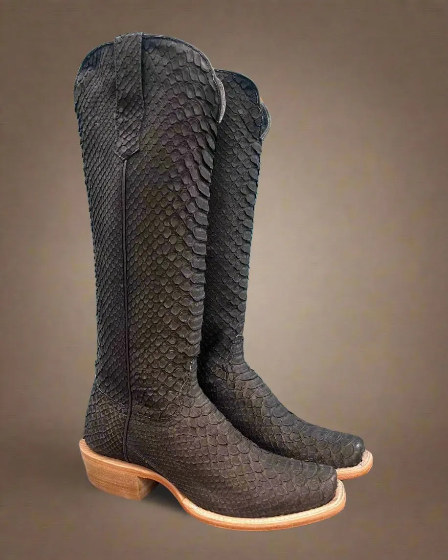 Comfortable Footbed R. Watson Women's 17" Matte Chocolate Nubuck Python Narrow Square Toe Western Cowgirl Boots RWL7216-1