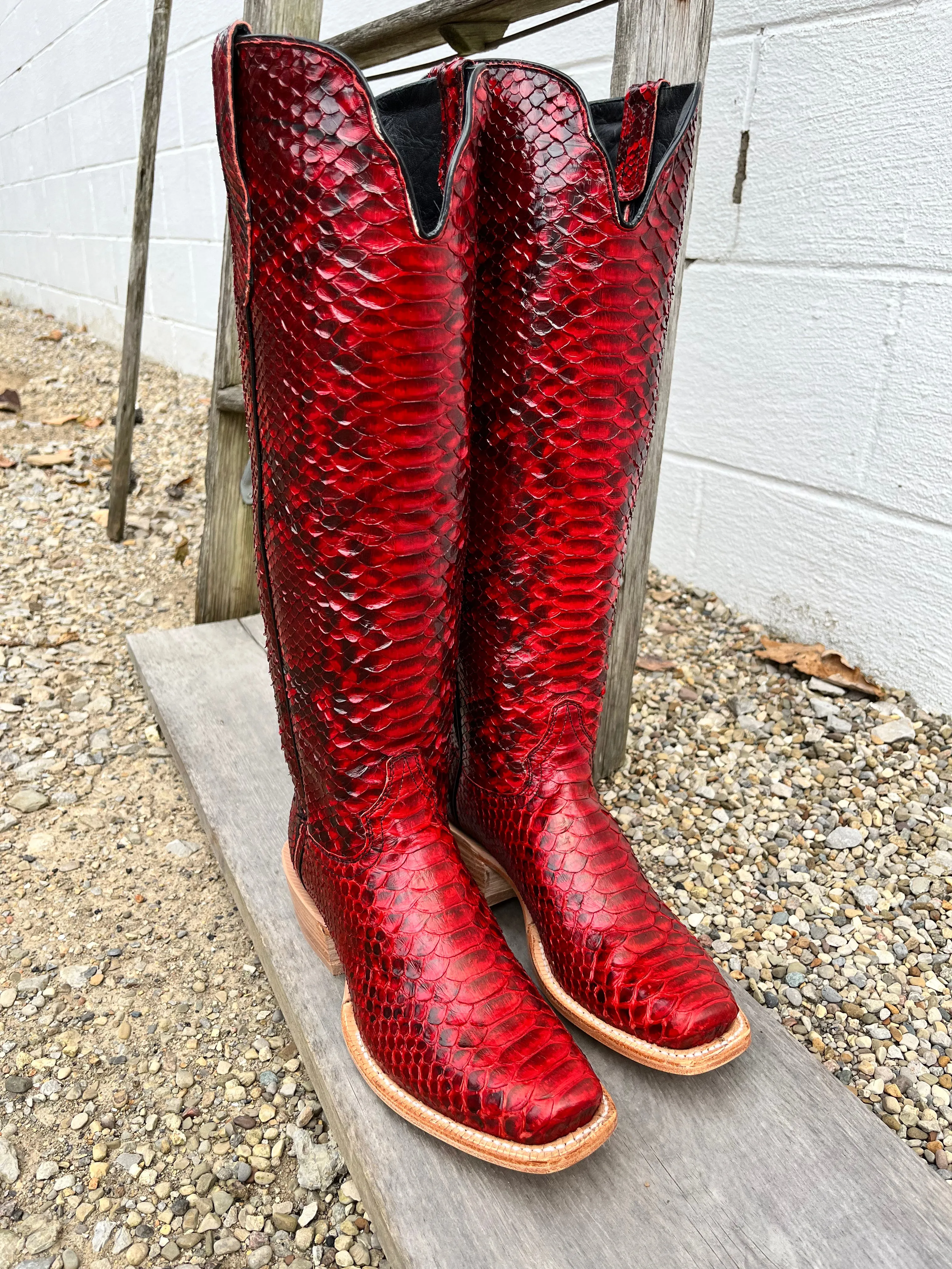 Business Meeting Hope Step R. Watson Women's 17" Red Genuine Python Narrow Square Toe Western Tall Cowgirl Boots RWL7213-1
