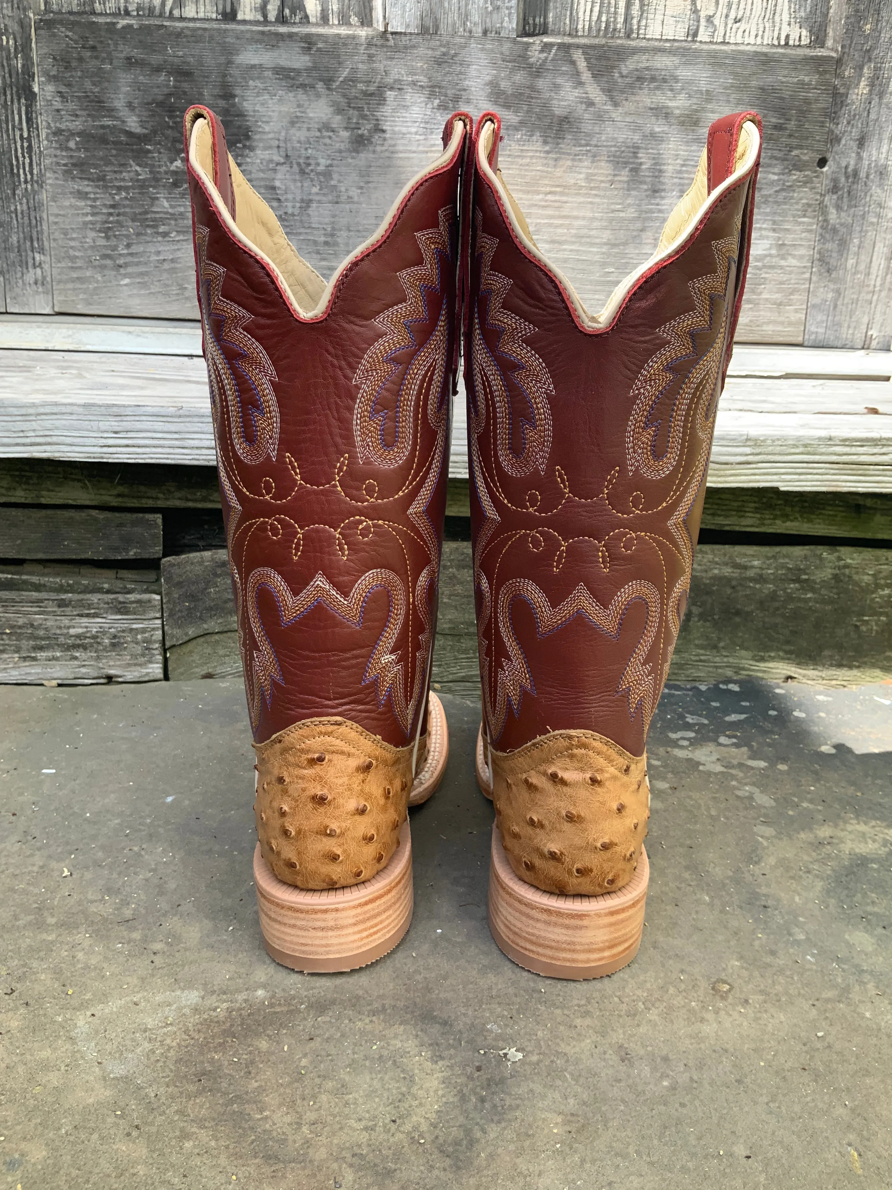 Power Step R. Watson Women's Antique Saddle Bruciato Full Quill Ostrich Square Toe Cowgirl Boots RWL4304