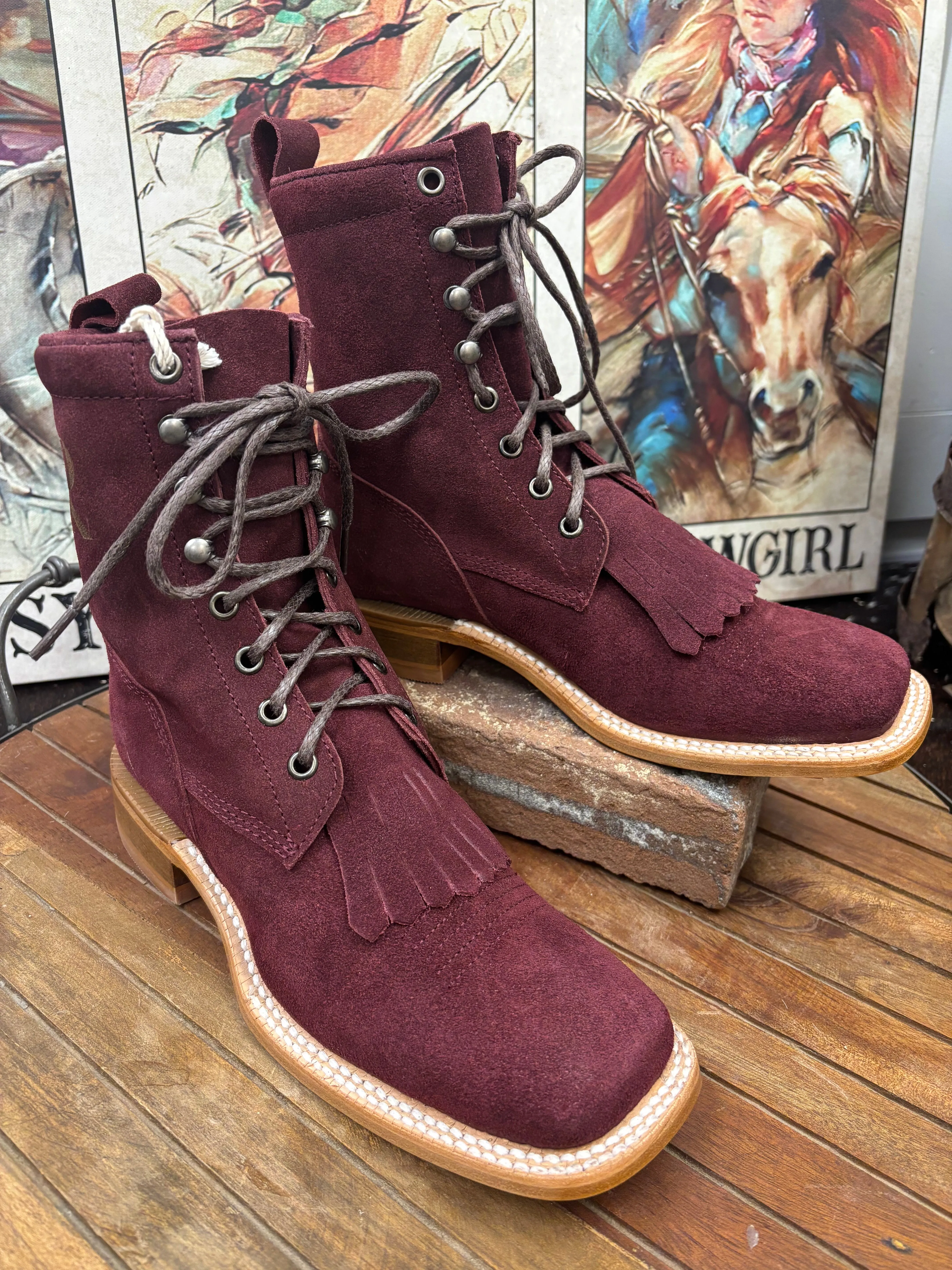 Practical Choice R. Watson Women's Burgundy Roughout Square Toe Lacer Boots Roper Boots RWL8916-2