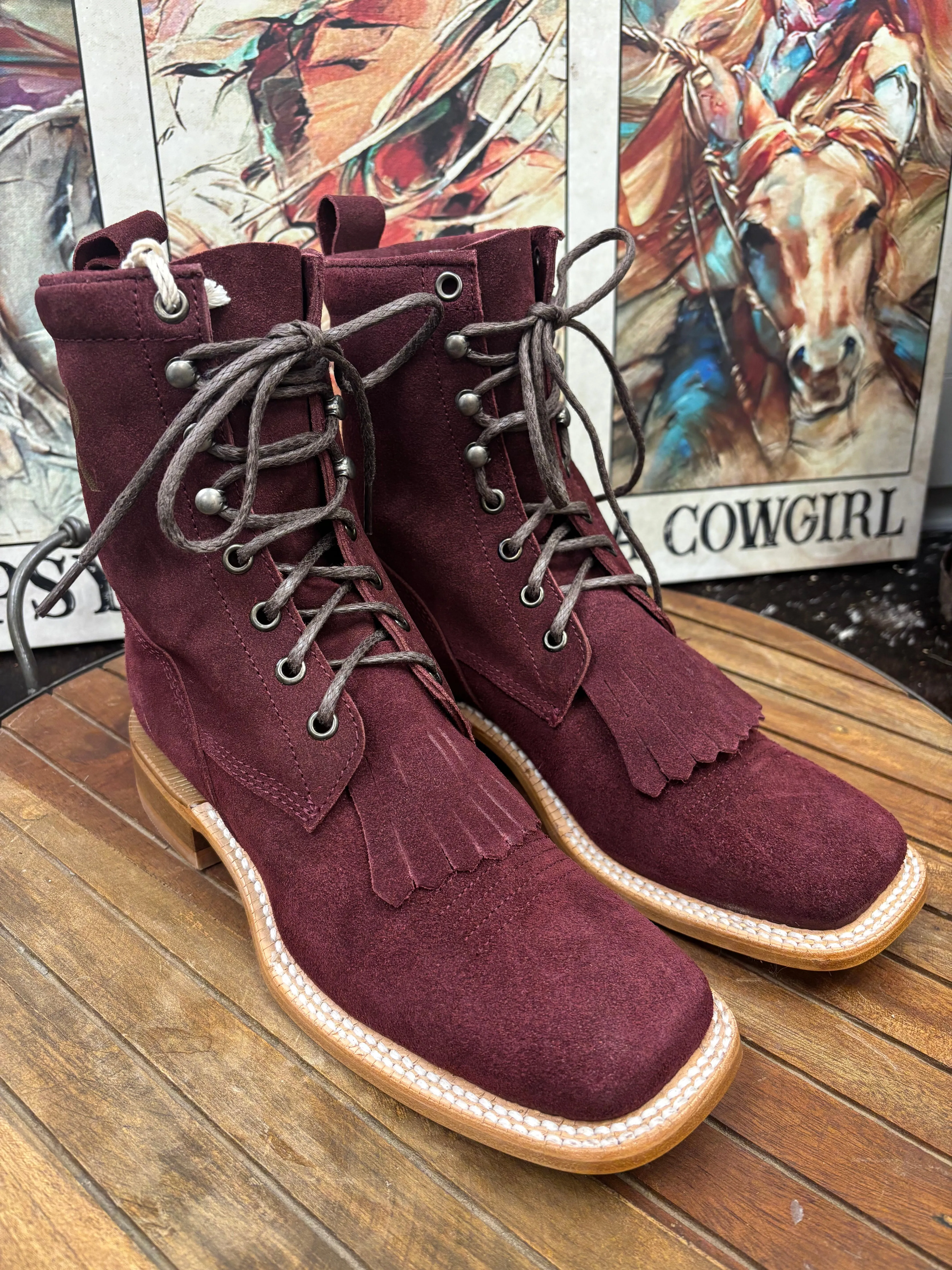 R. Watson Women's Burgundy Roughout Square Toe Lacer Boots Roper Boots RWL8916-2 Graduate Open Toe Design