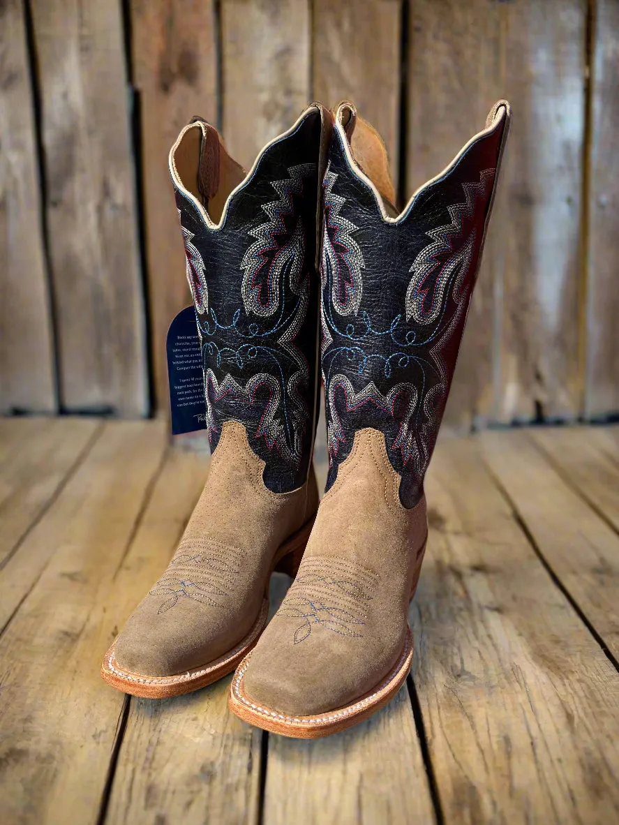 R. Watson Women's Cafe Boar Roughout & Navy Sinatra Cowhide Top Narrow Square Toe Cowgirl Boots RWL8606 Fleece Lined Wool blend