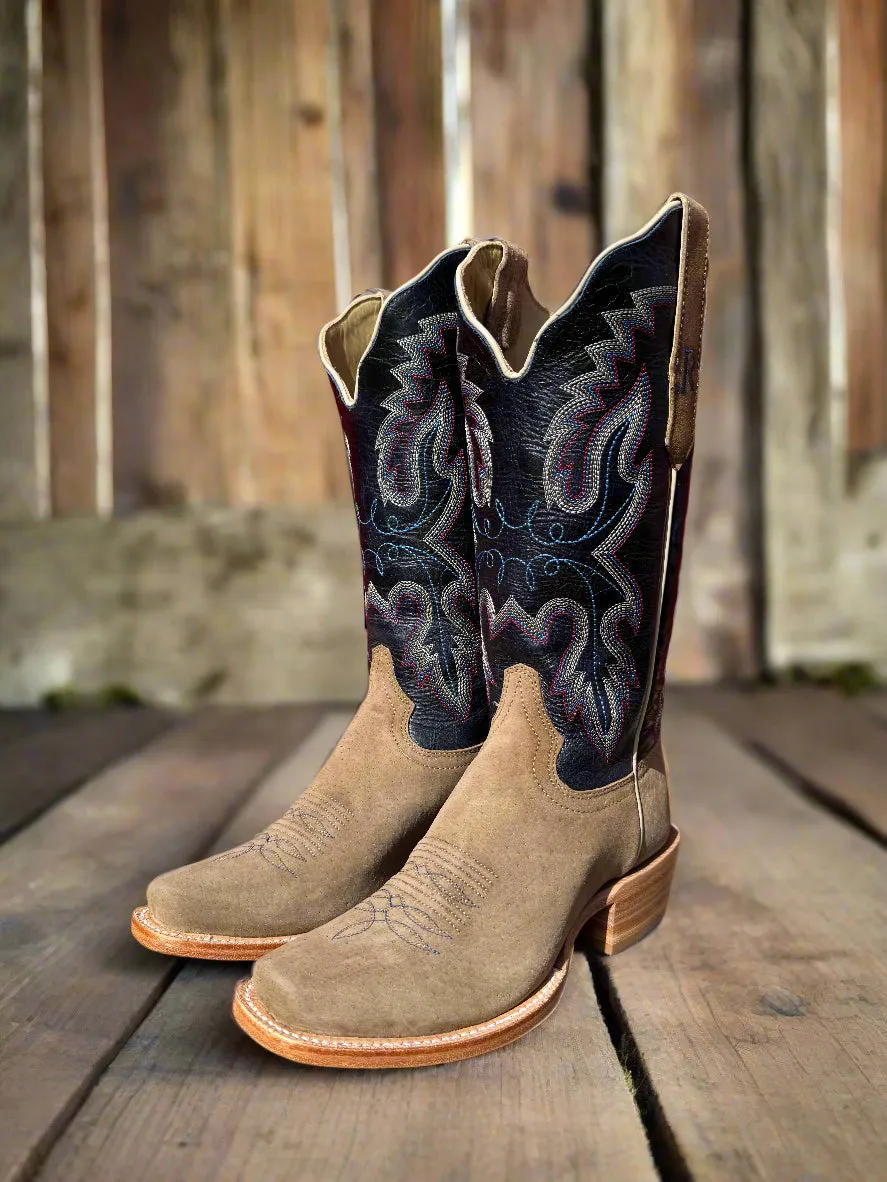 Stylish Versatility Stage Show R. Watson Women's Cafe Boar Roughout & Navy Sinatra Cowhide Top Narrow Square Toe Cowgirl Boots RWL8606