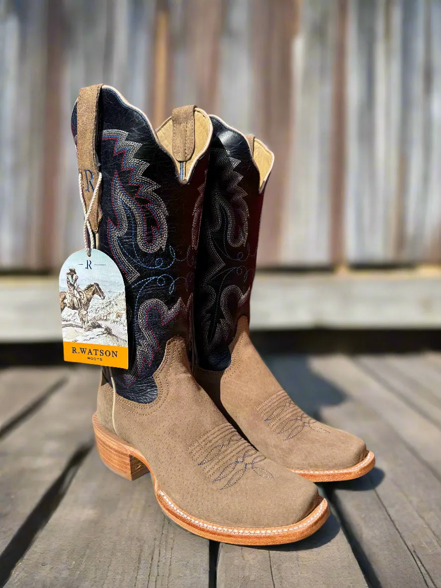 Lightweight Build R. Watson Women's Cafe Boar Roughout & Navy Sinatra Cowhide Top Narrow Square Toe Cowgirl Boots RWL8606