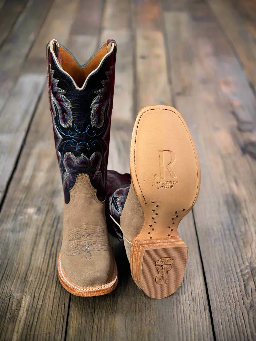 Strap Country Side R. Watson Women's Cafe Boar Roughout & Navy Sinatra Cowhide Top Narrow Square Toe Cowgirl Boots RWL8606