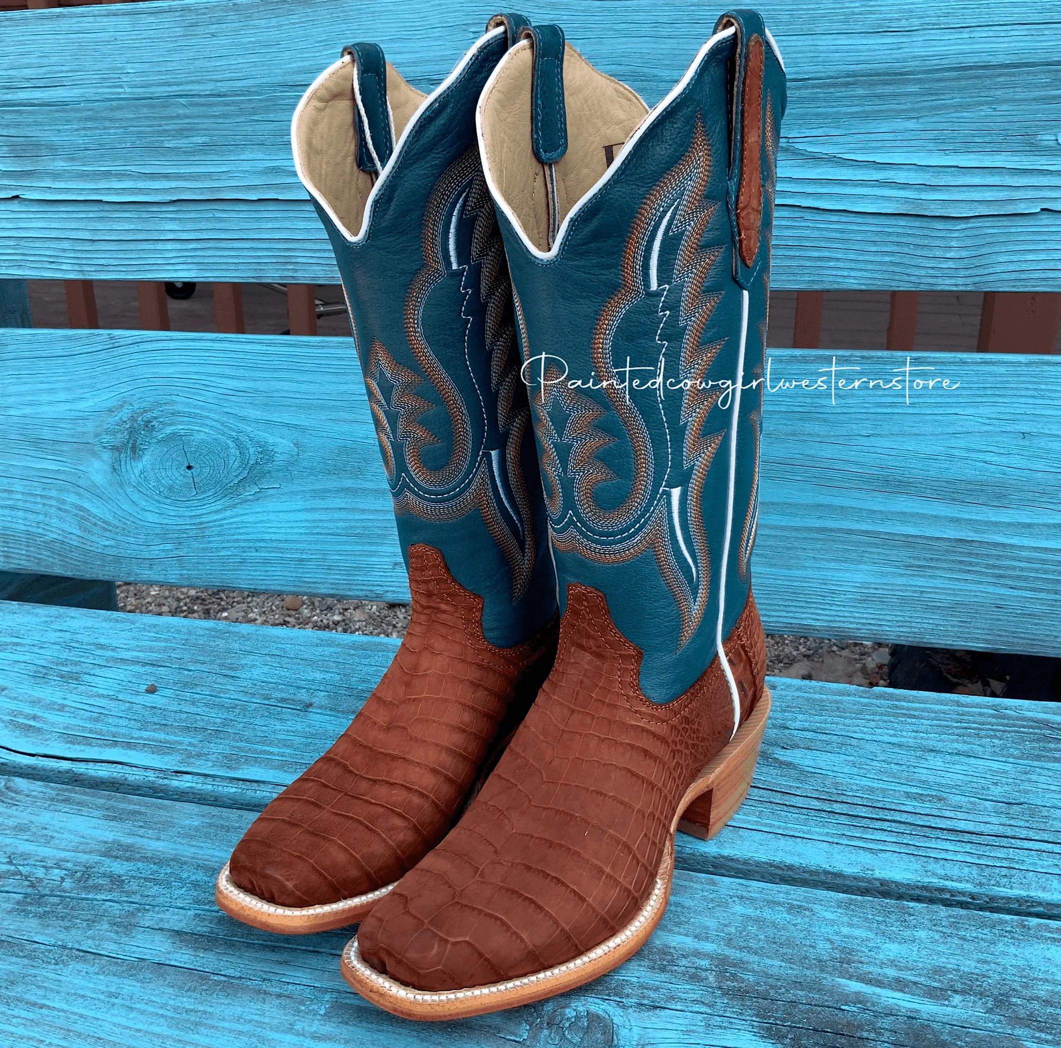 R. Watson Women's Cognac Sueded Nile Crocodile Cutter Toe Cowgirl Boots RWL9012-1 Fresh Style