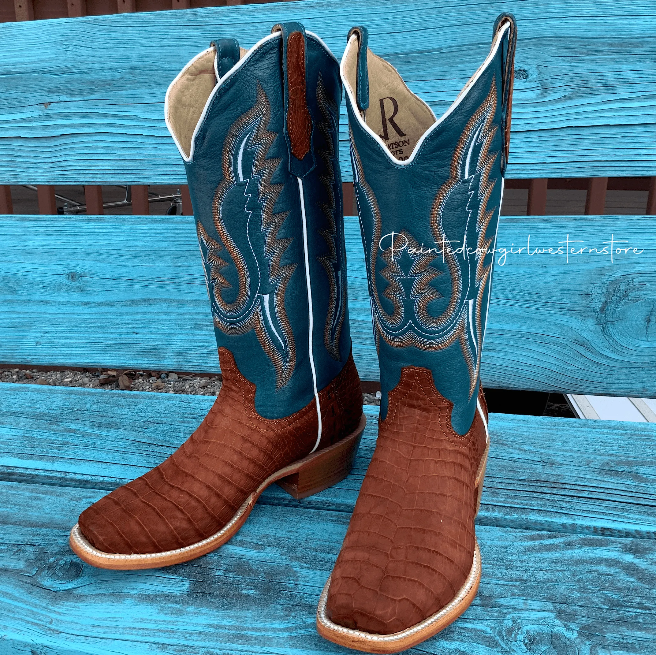 anti-odor Modern Comfort R. Watson Women's Cognac Sueded Nile Crocodile Cutter Toe Cowgirl Boots RWL9012-1