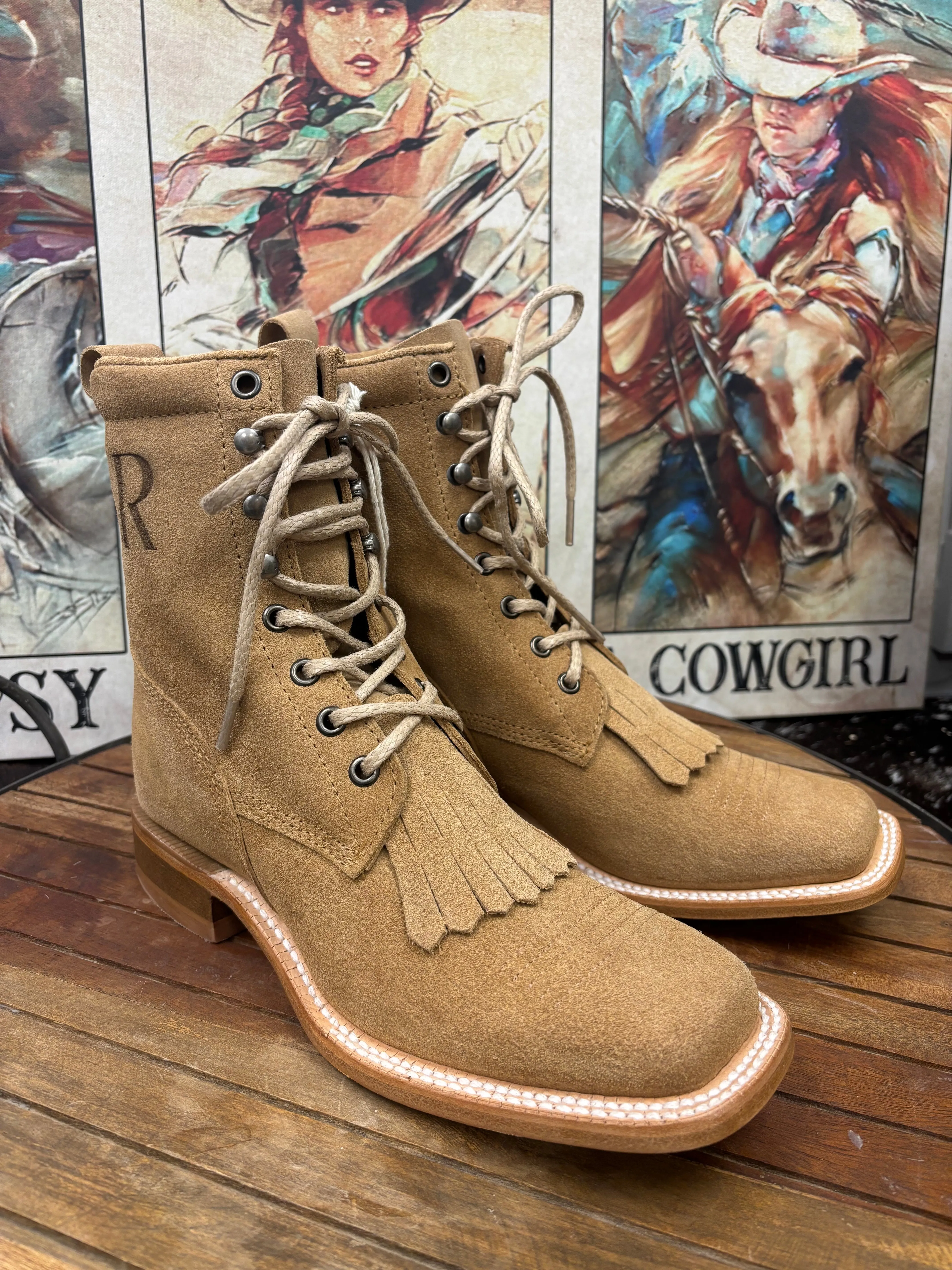 R. Watson Women's Sand Roughout Square Toe Lacer Boots Roper Boots RWL8913-2 ZipUp