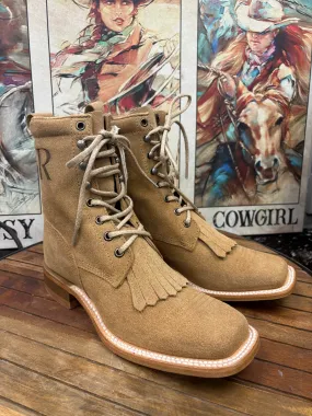 Reinforced Heel Counter Cushioned Sole R. Watson Women's Sand Roughout Square Toe Lacer Boots Roper Boots RWL8913-2