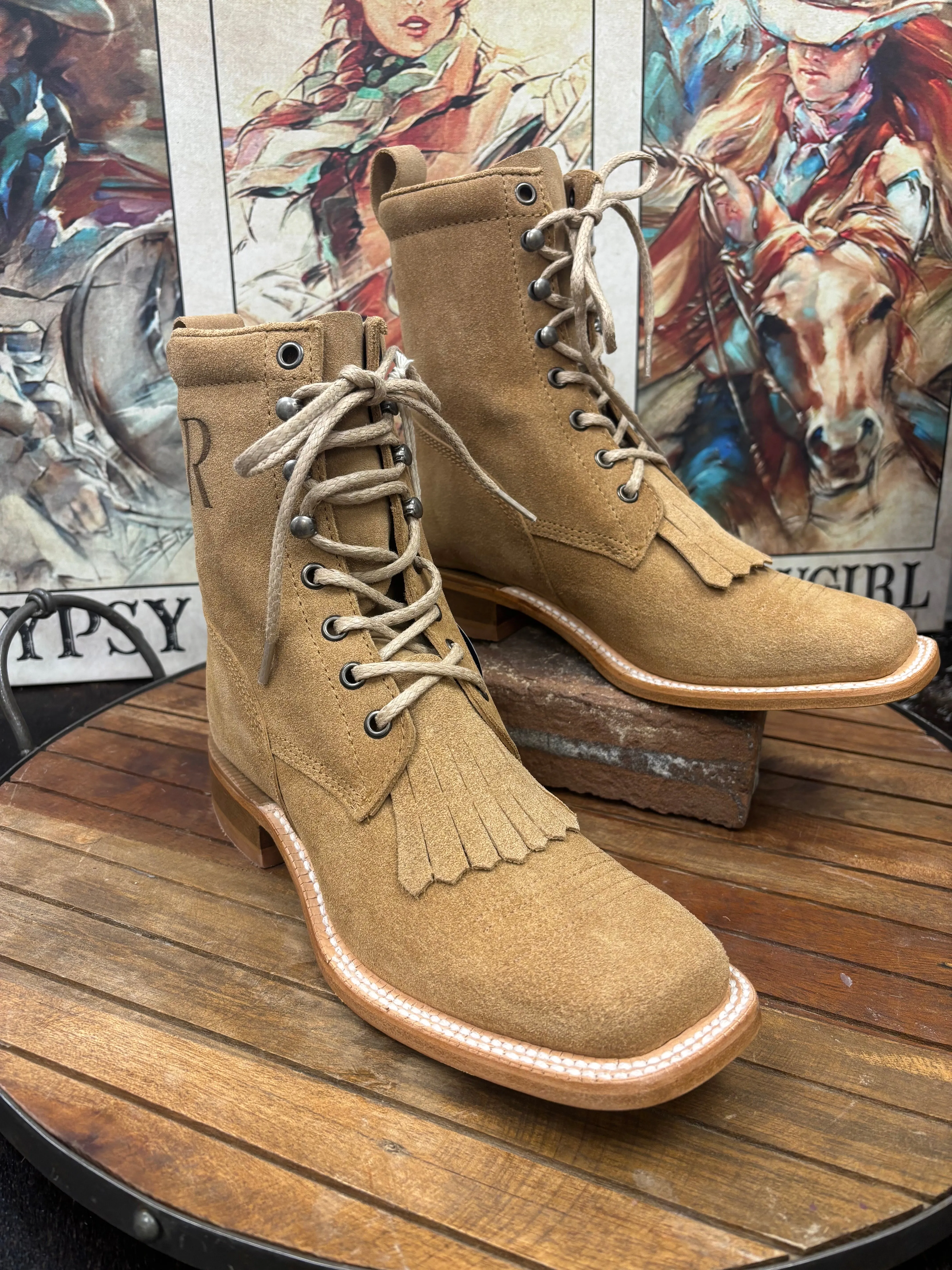 R. Watson Women's Sand Roughout Square Toe Lacer Boots Roper Boots RWL8913-2 Sweat Wicking Removable insole