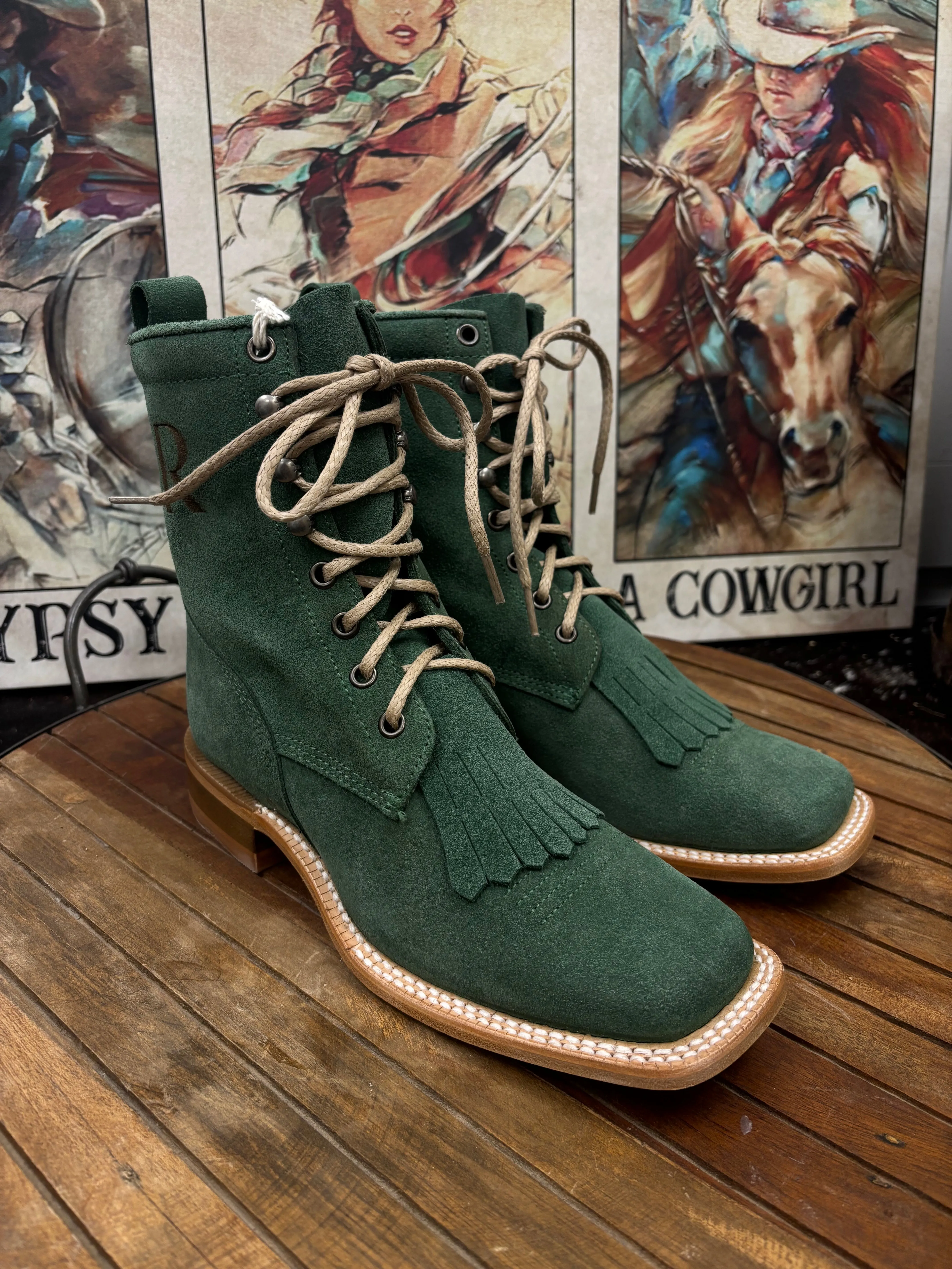 R. Watson Women's Teal Green Roughout Square Toe Lacer Boots Roper Boots RWL8915-2 Camping Trip