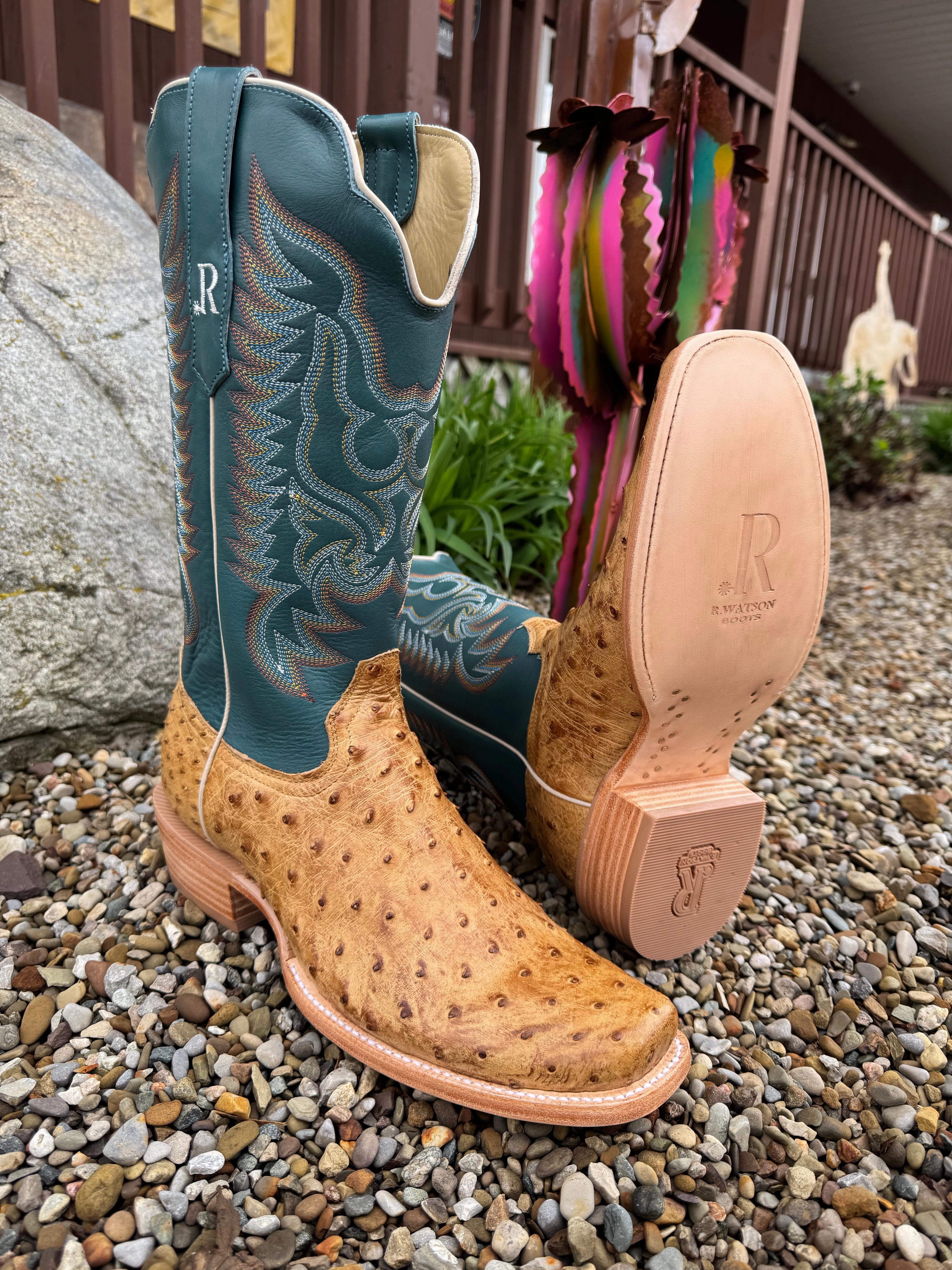 NYC Street R. Watson Men's Antique Saddle Full Quill Ostrich Narrow Toe Western Cowboy Boots RW4513-1)