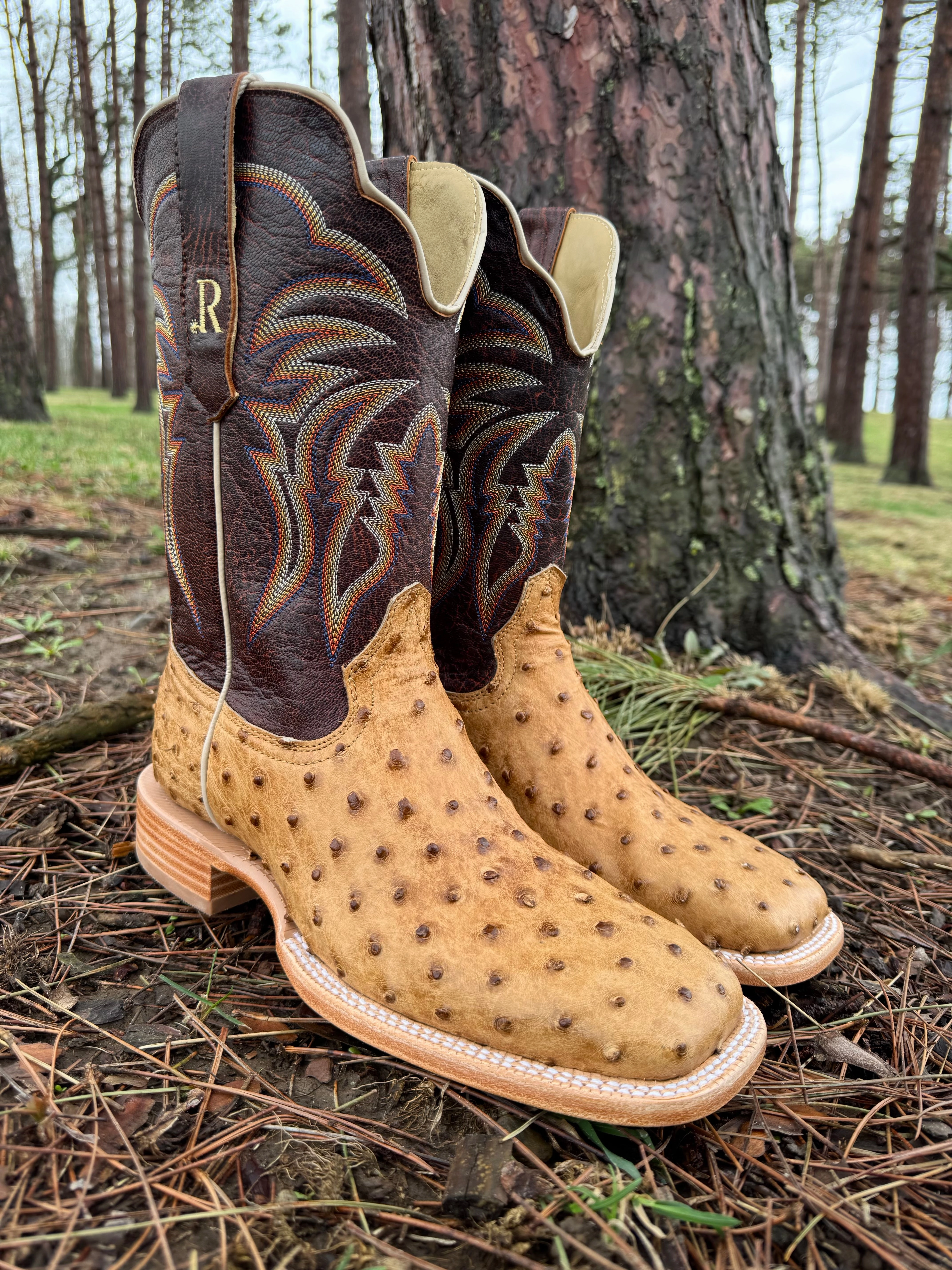 R. Watson Men's Antique Saddle Full Quill Ostrich Square Toe Cowboy Boots RW4506-2 Waterproof Design Soft Power